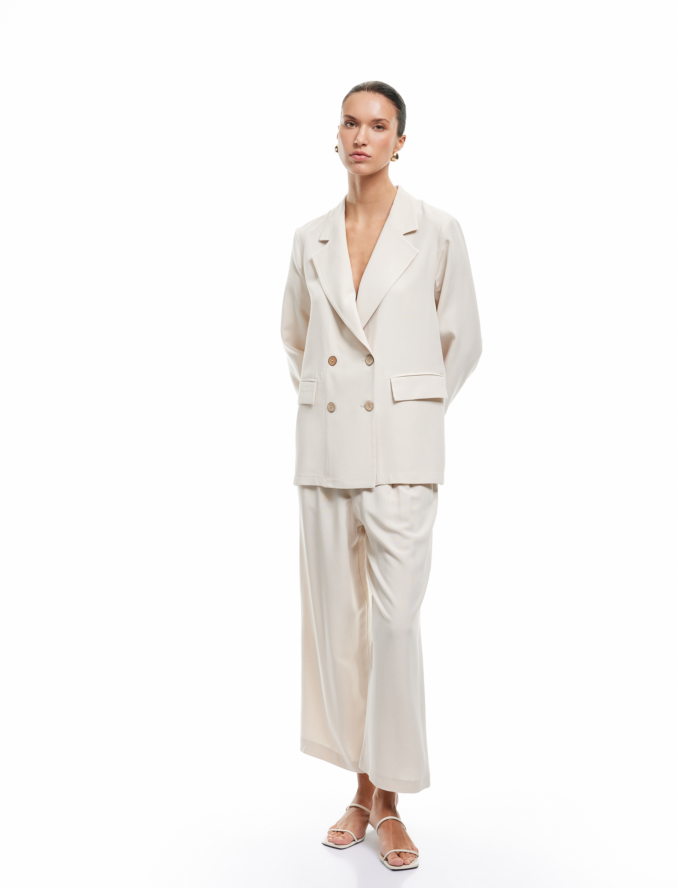 Viskon Keten Karışımlı Pileli Cepli Geniş Paça Palazzo Pantolon