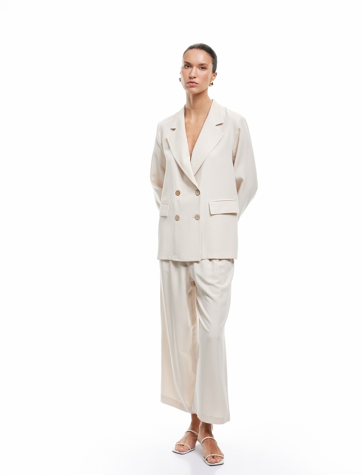  Viskon Keten Karışımlı Pileli Cepli Geniş Paça Palazzo Pantolon