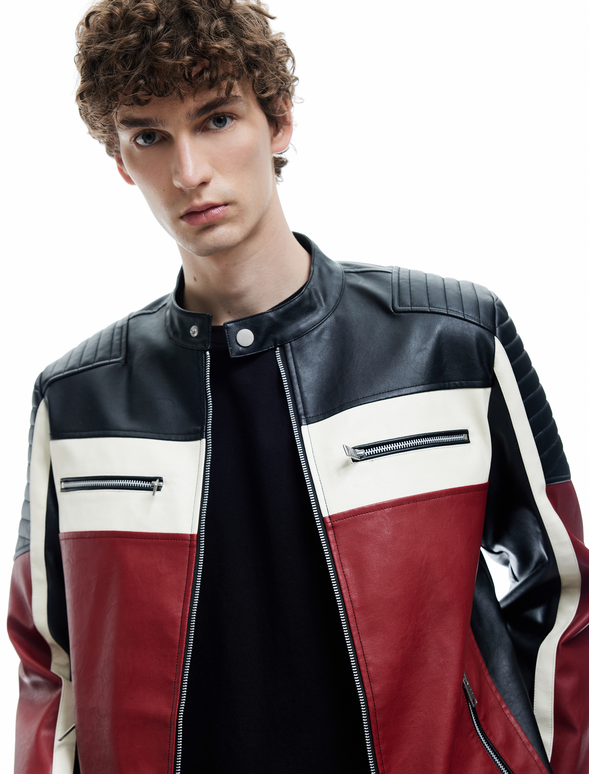   Mandarin Yaka Uzun Kollu Fermuarlı Deri Ceket