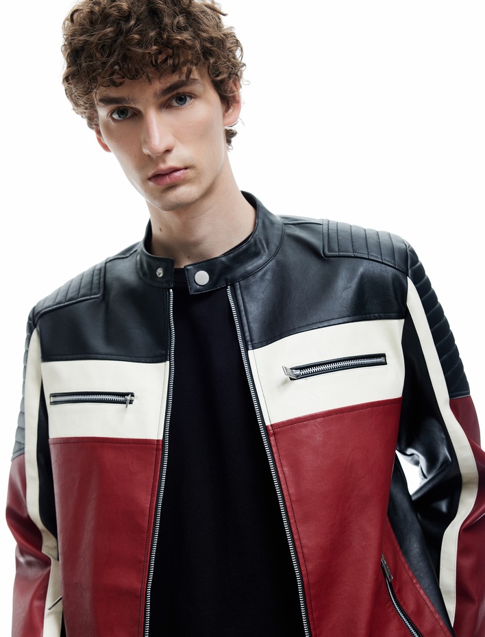  Mandarin Yaka Uzun Kollu Fermuarlı Deri Ceket