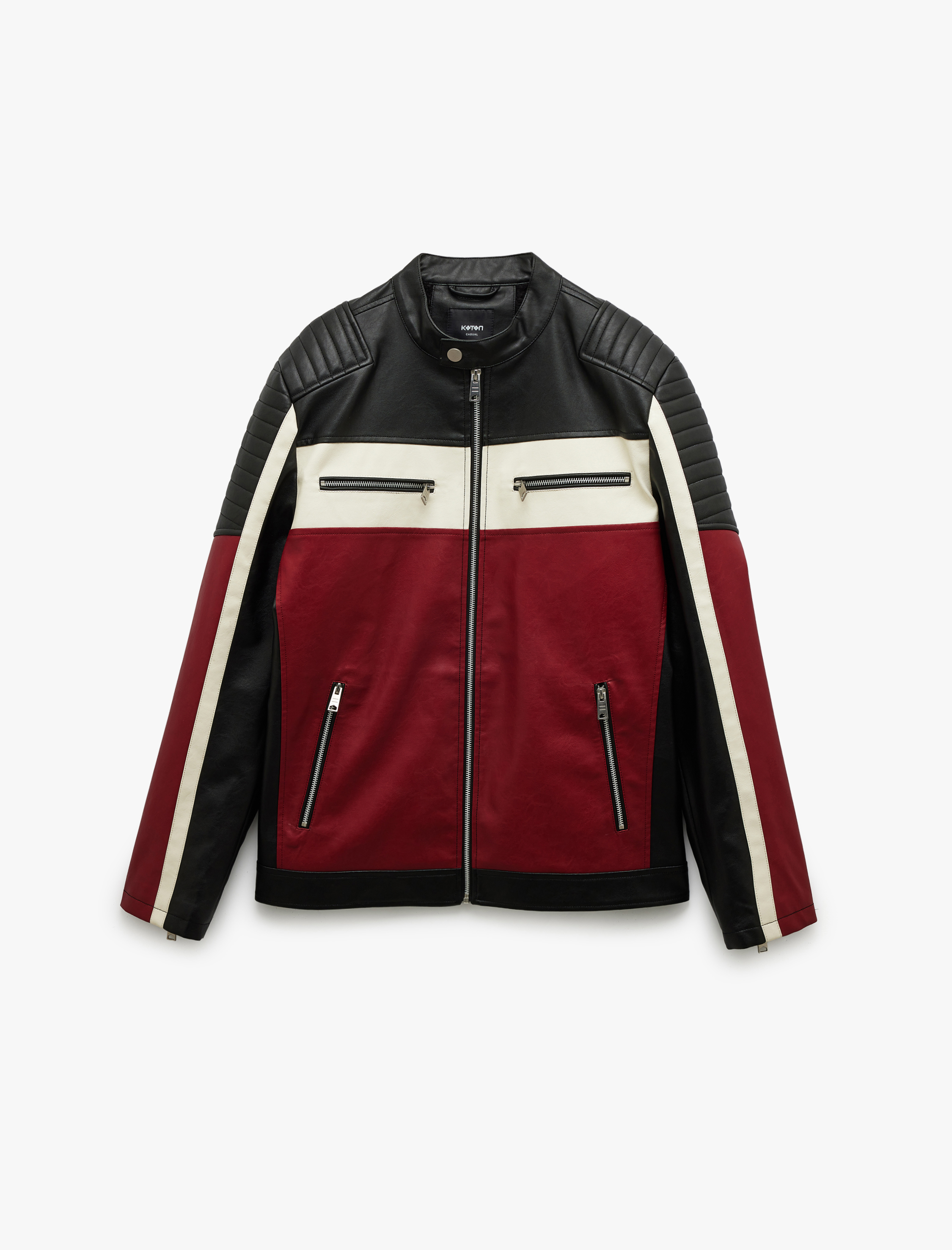   Mandarin Yaka Uzun Kollu Fermuarlı Deri Ceket