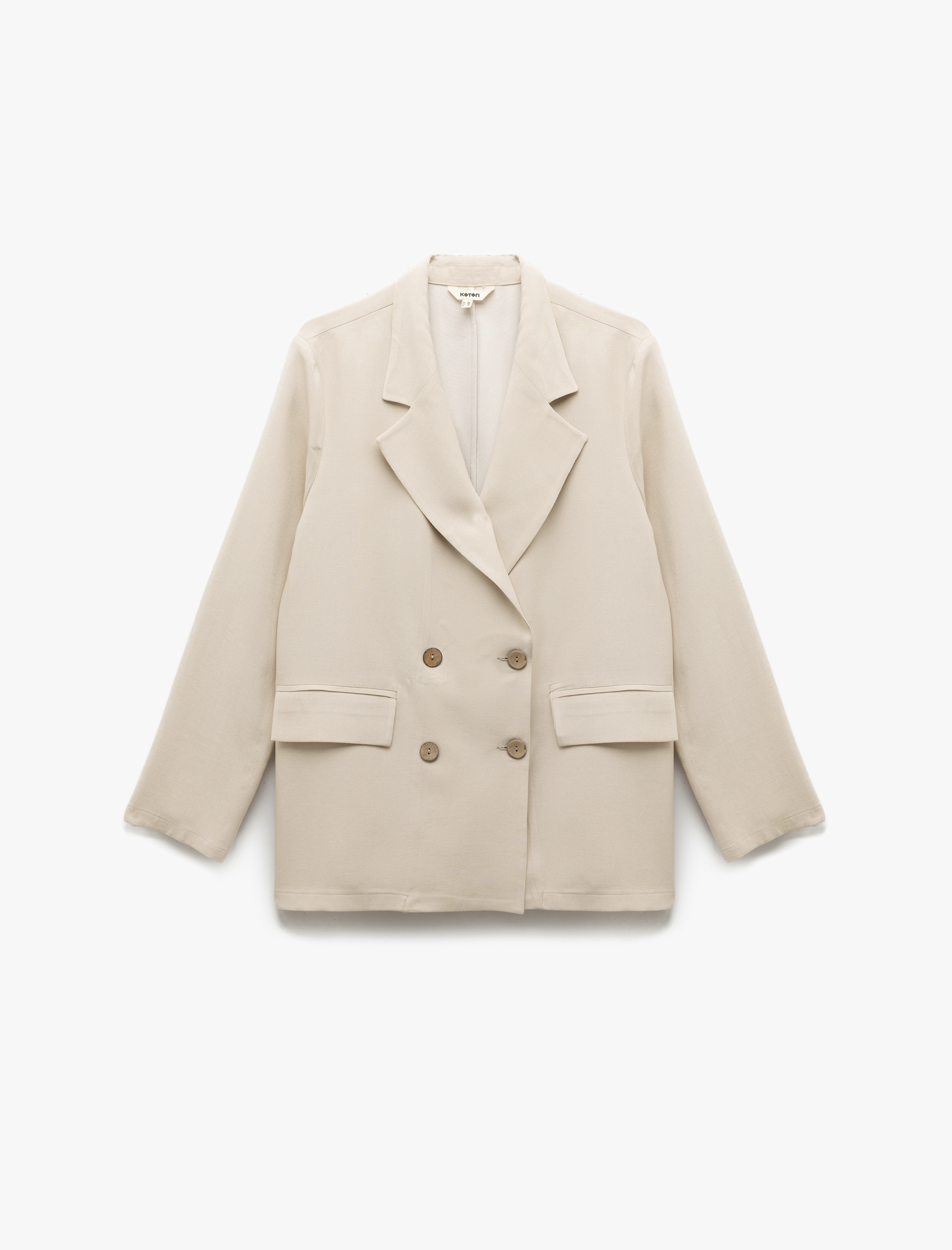 Uzun Kollu Cepli Keten Karışımlı Kruvaze Oversize Blazer Ceket