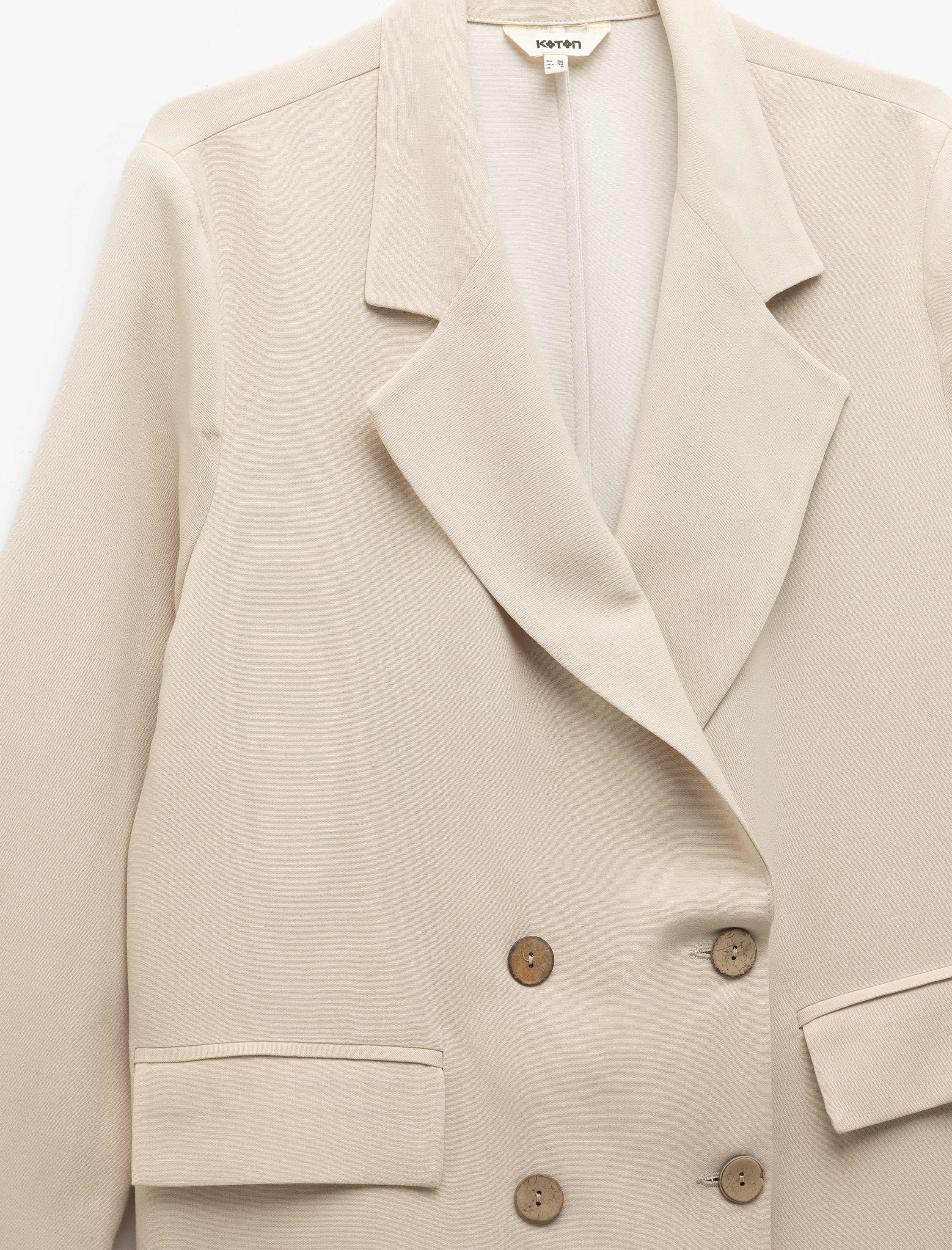 Uzun Kollu Cepli Keten Karışımlı Kruvaze Oversize Blazer Ceket