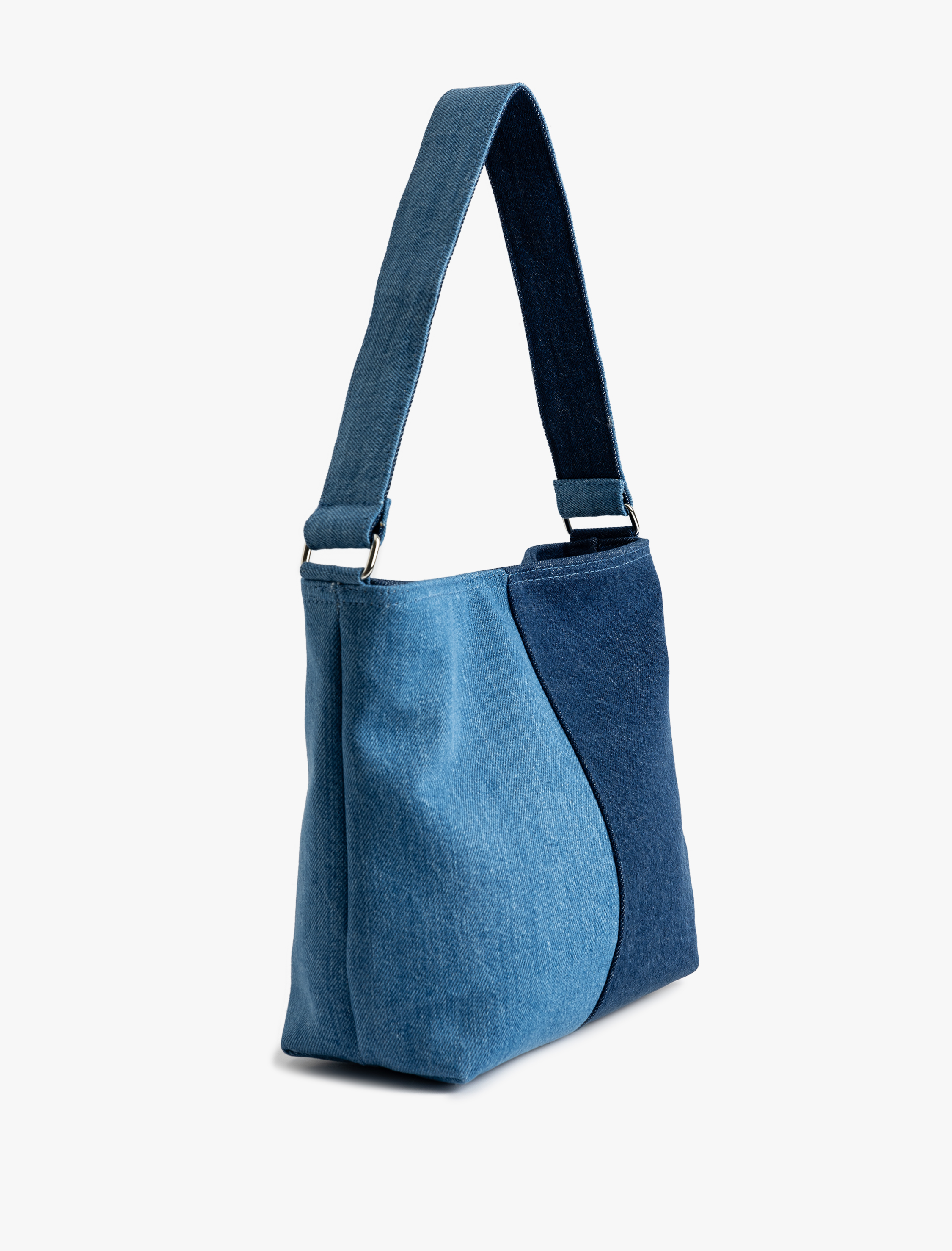  Kadın Saplı Fermuarlı Renk Bloklu Denim Tote Çanta