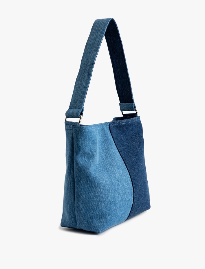 Kadın Saplı Fermuarlı Renk Bloklu Denim Tote Çanta