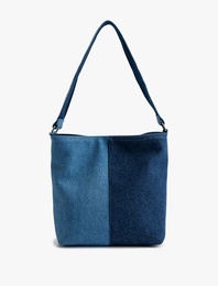 Saplı Fermuarlı Renk Bloklu Denim Tote Çanta