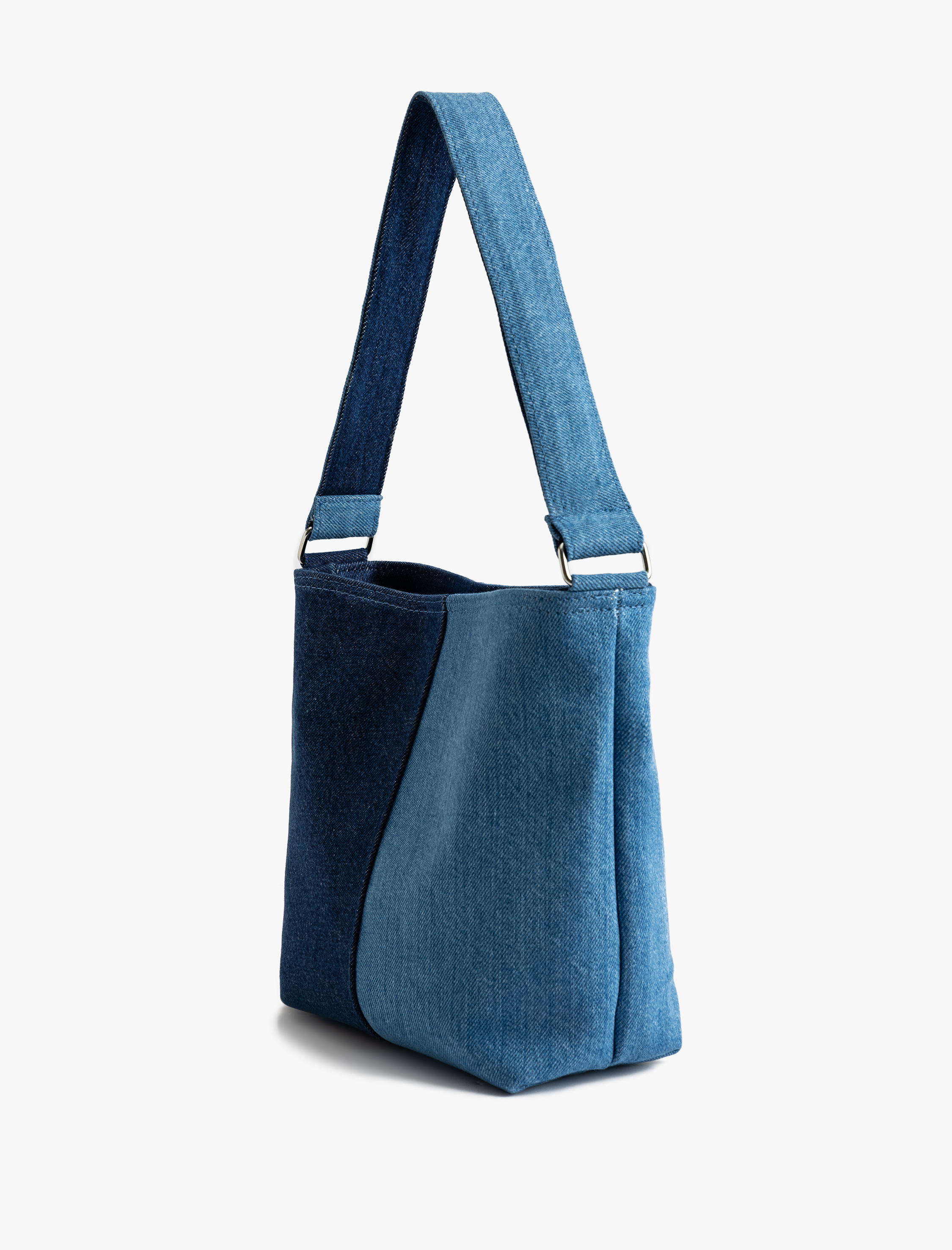  Kadın Saplı Fermuarlı Renk Bloklu Denim Tote Çanta