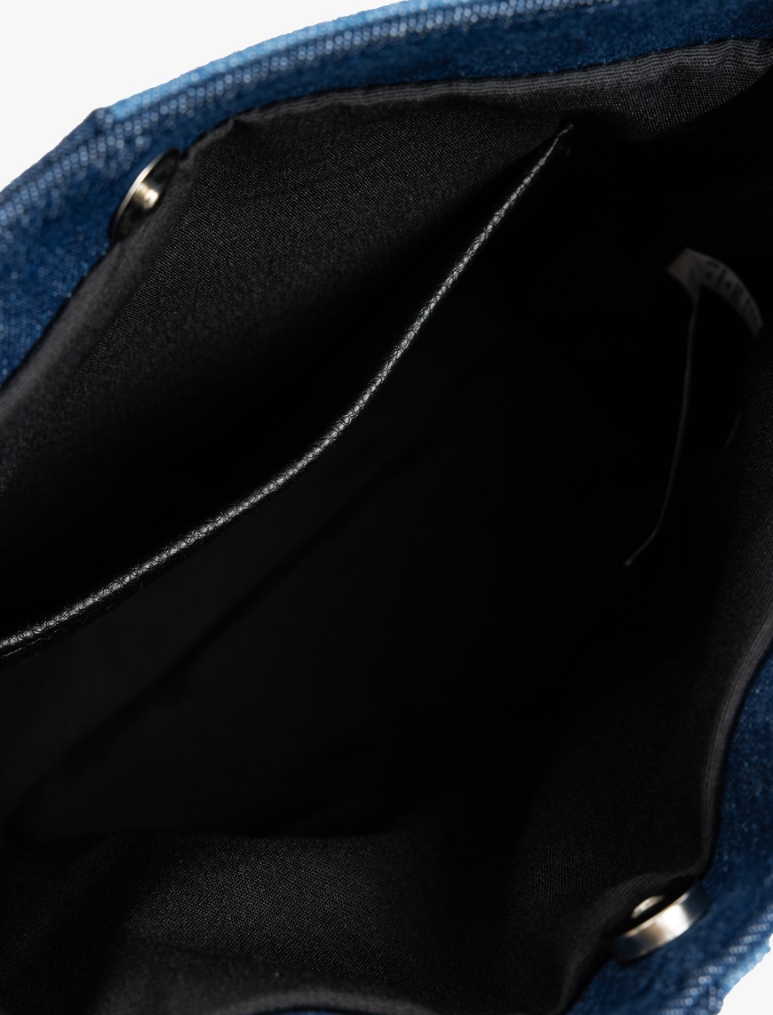  Kadın Saplı Fermuarlı Renk Bloklu Denim Tote Çanta