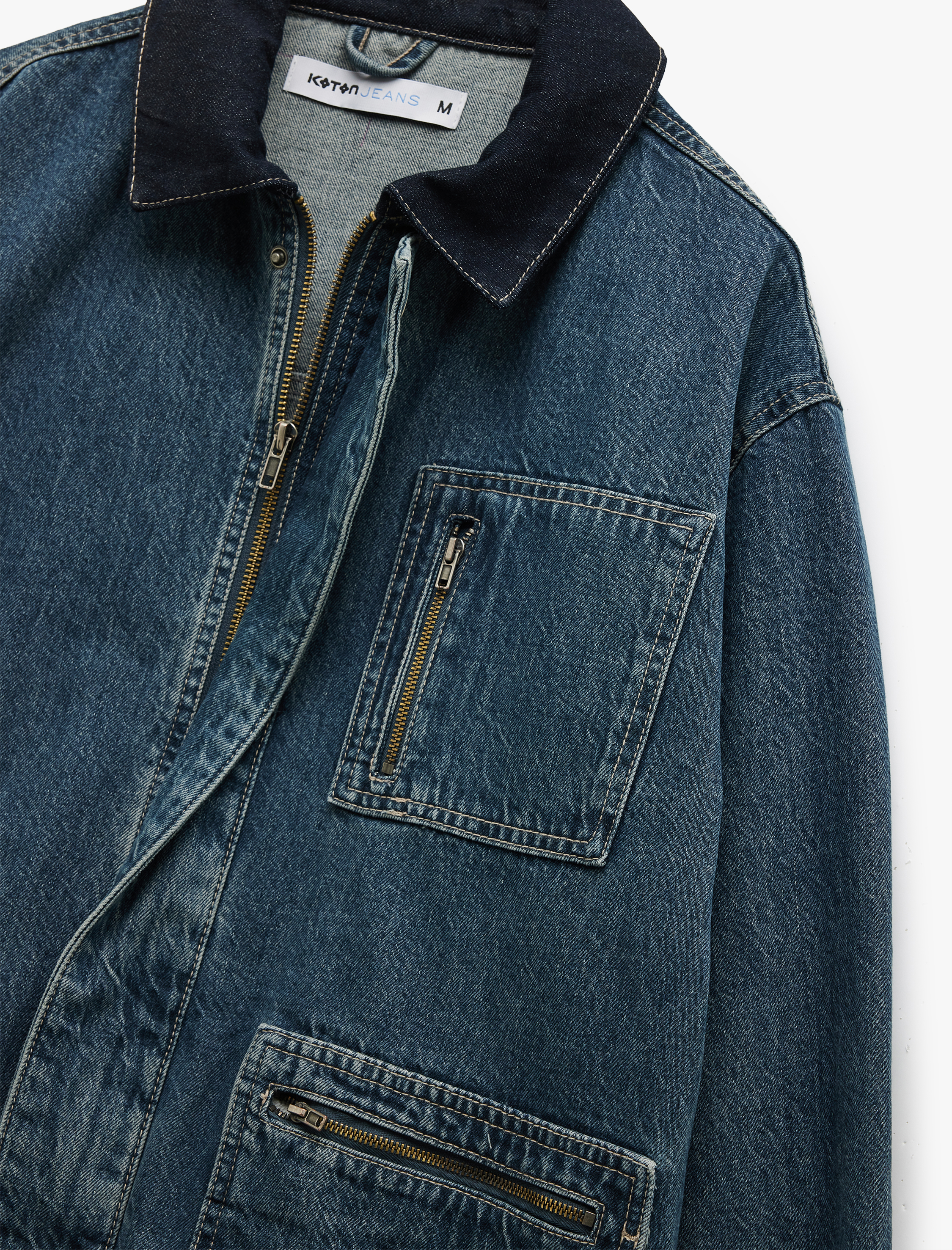 Pamuklu Oversize Uzun Kollu Fermuar Detaylı Denim Ceket