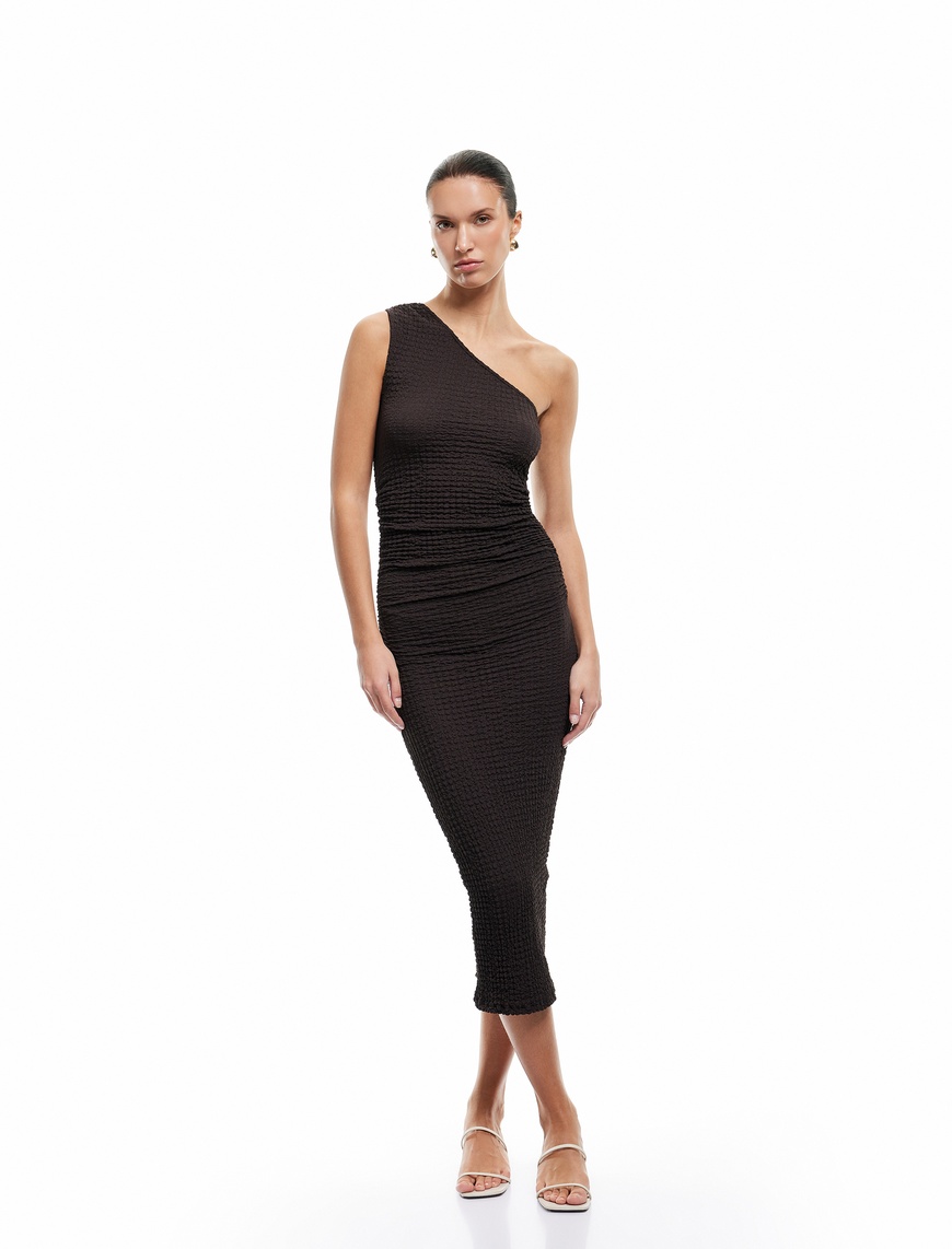   Bürümcük Kumaş Slim Fit Drapeli Midi Tek Omuz Kalem Elbise