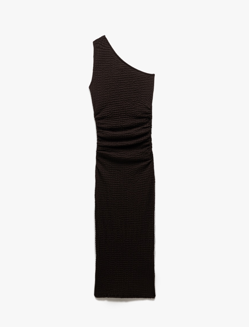   Bürümcük Kumaş Slim Fit Drapeli Midi Tek Omuz Kalem Elbise