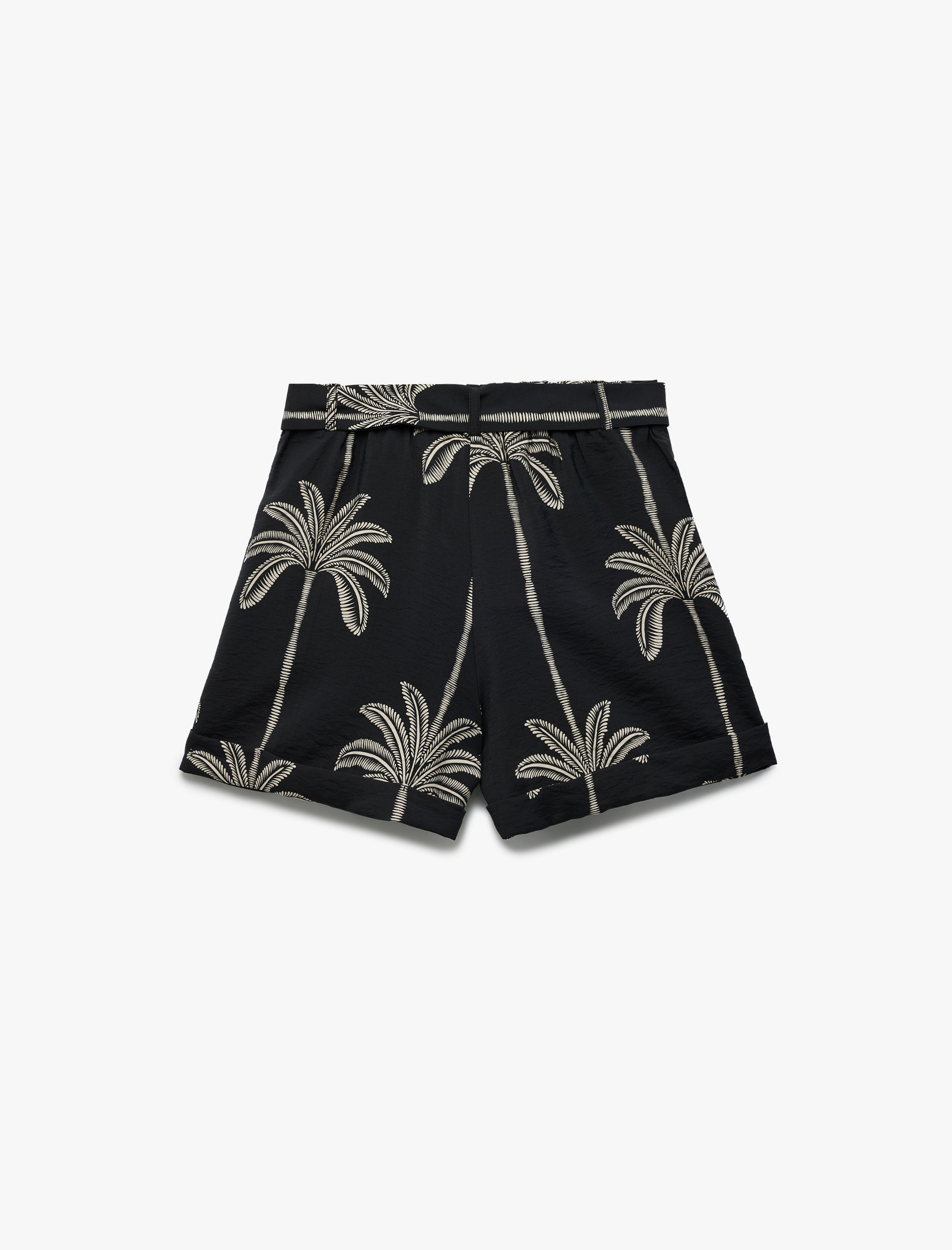   Viskon Kumaş Kemerli Palmiye Desenli Mini Şort