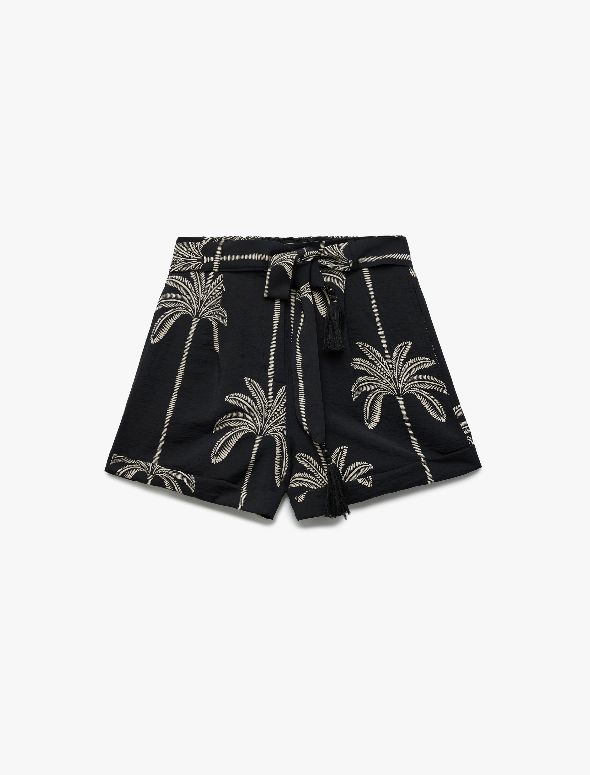   Viskon Kumaş Kemerli Palmiye Desenli Mini Şort