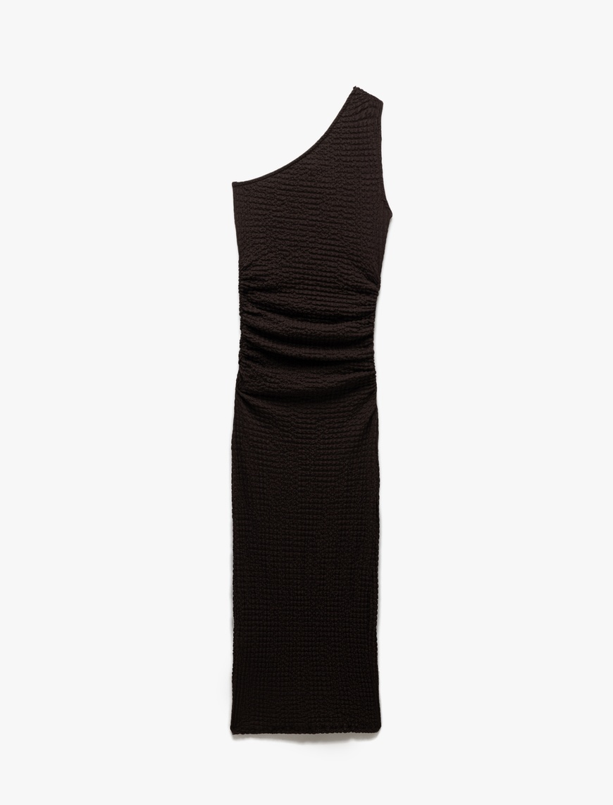   Bürümcük Kumaş Slim Fit Drapeli Midi Tek Omuz Kalem Elbise