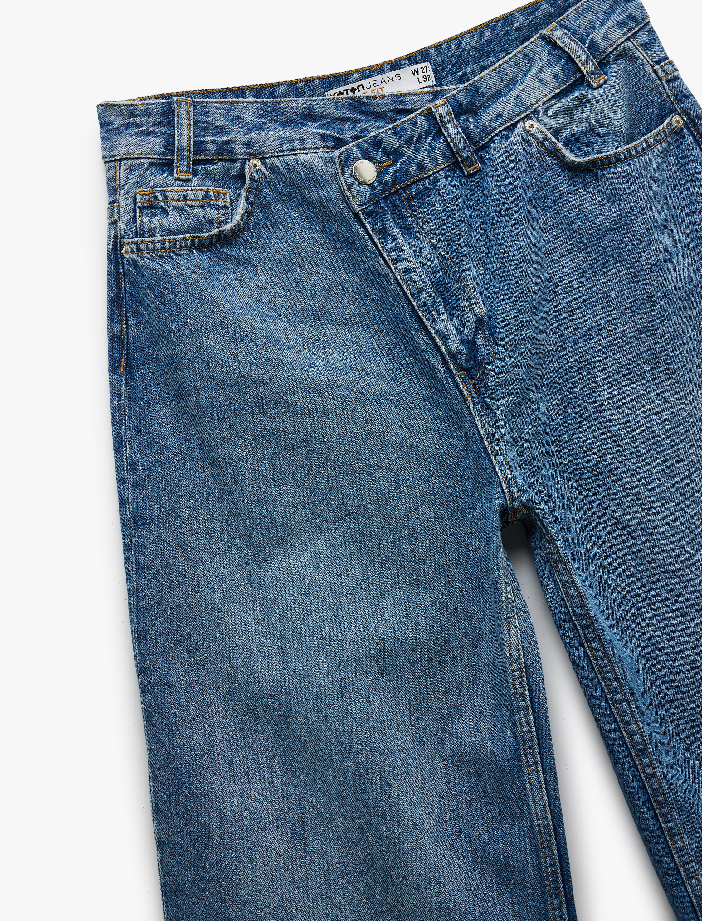 Bol Paça Cepli Düğmeli Jean Pantolon - Loose Straight Fit Jean