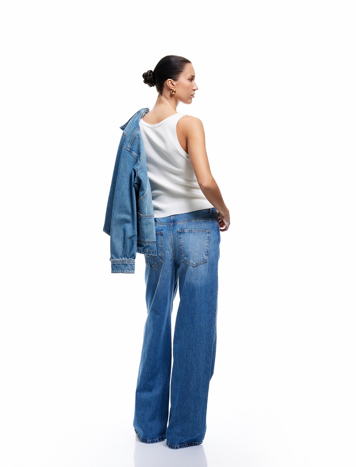  Bol Paça Cepli Düğmeli Jean Pantolon - Loose Straight Fit Jean