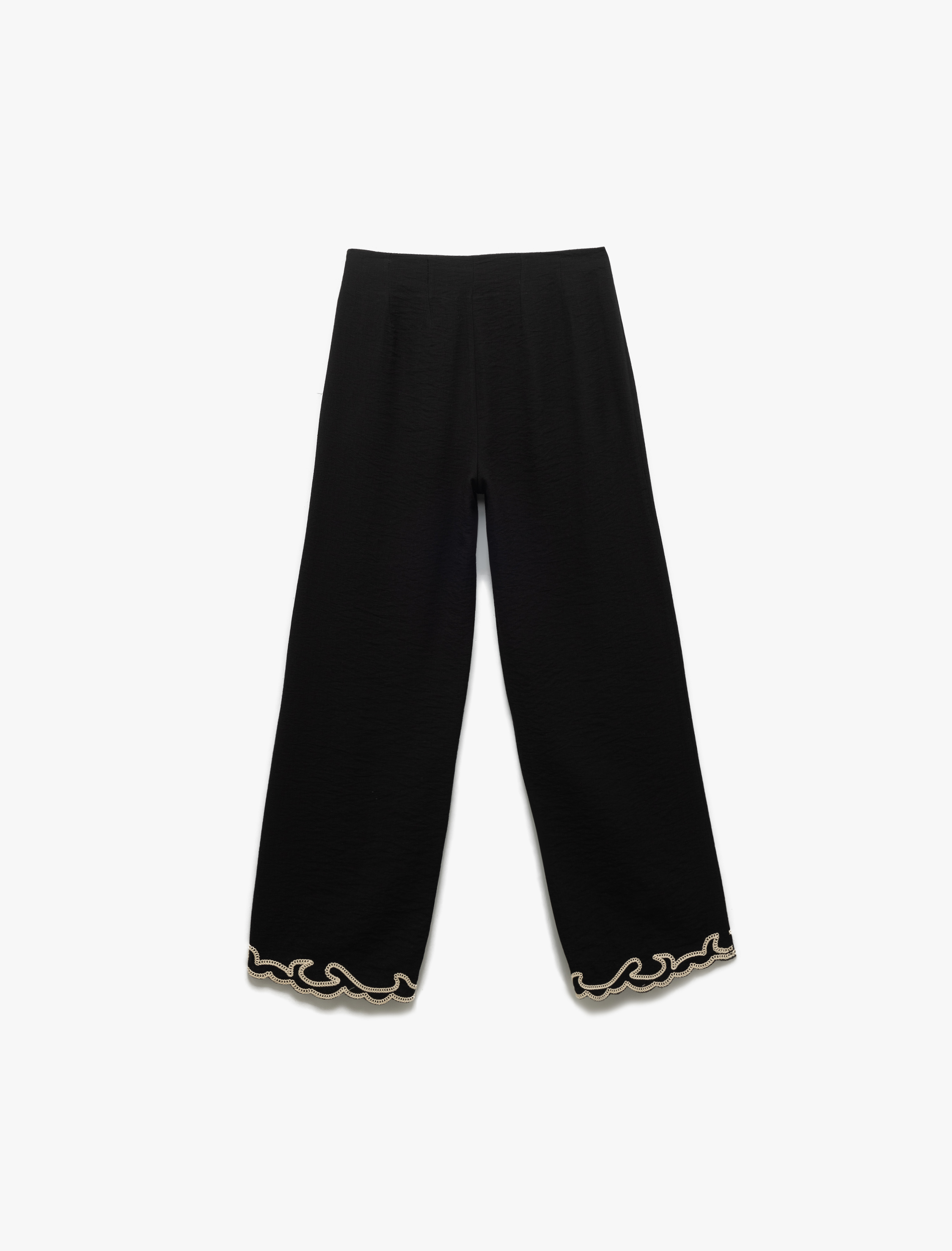   Palmiye İşleme Detaylı Bol Paça Düşük Bel Viskon Pantolon