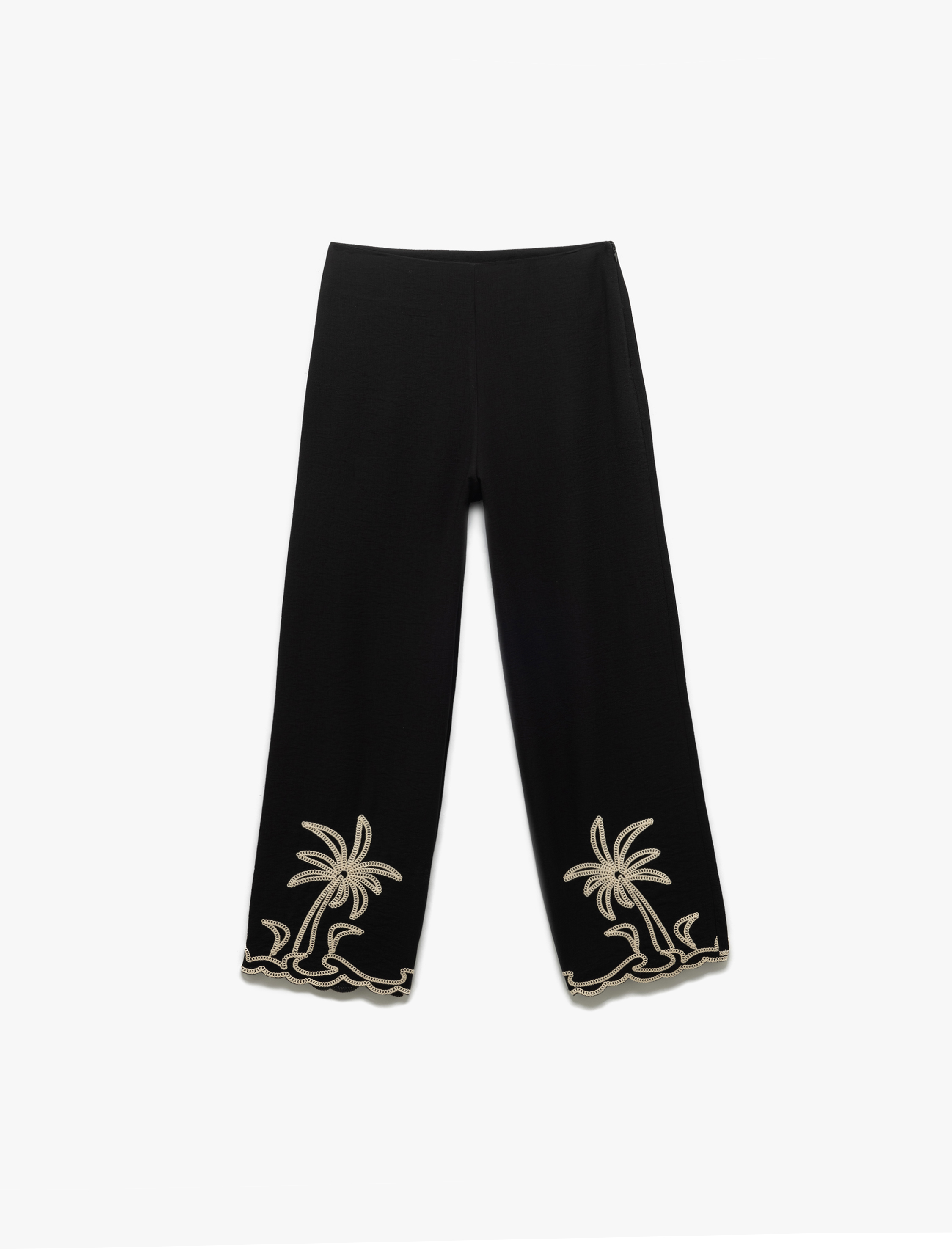   Palmiye İşleme Detaylı Bol Paça Düşük Bel Viskon Pantolon