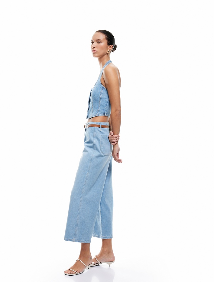  Crop Geniş Paça Düğmeli Kemer Detaylı Jean Pantolon - Wide Leg Jeans