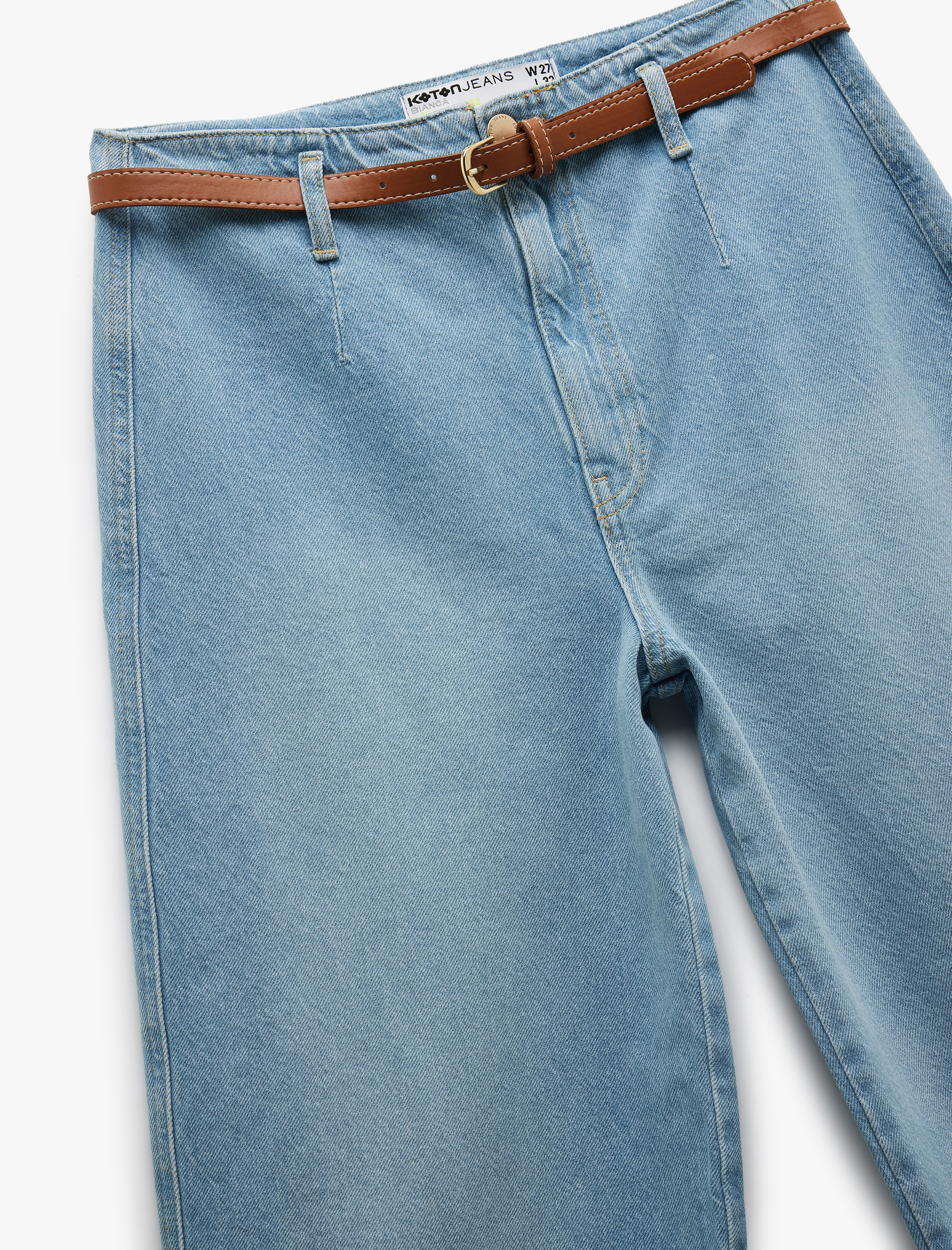   Crop Geniş Paça Düğmeli Kemer Detaylı Jean Pantolon - Wide Leg Jeans