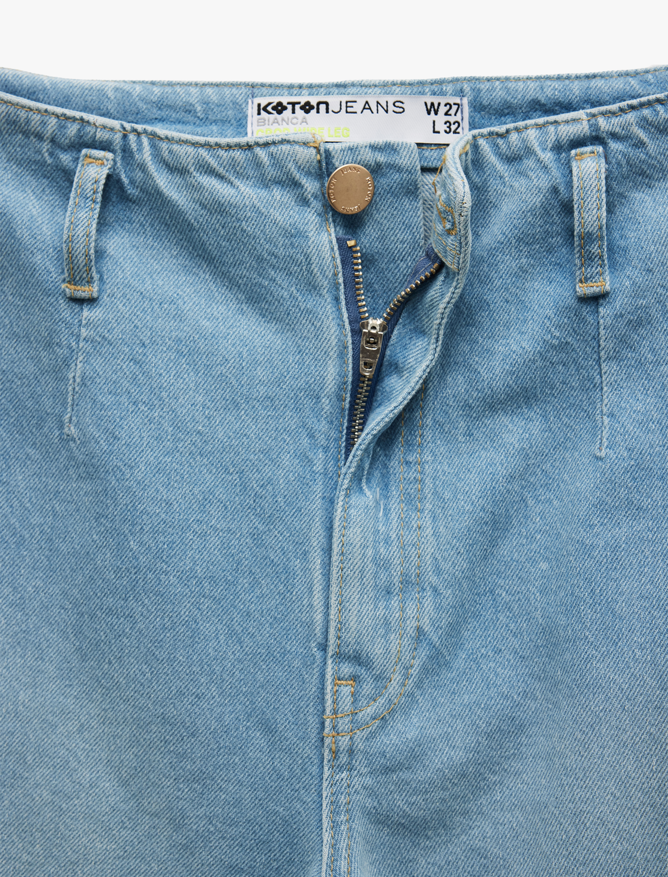   Crop Geniş Paça Düğmeli Kemer Detaylı Jean Pantolon - Wide Leg Jeans