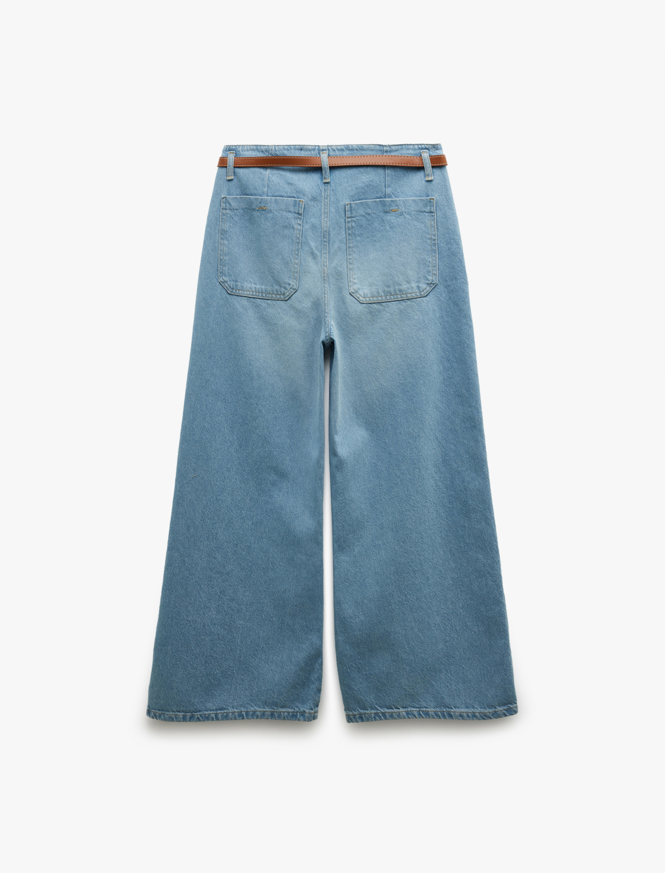   Crop Geniş Paça Düğmeli Kemer Detaylı Jean Pantolon - Wide Leg Jeans