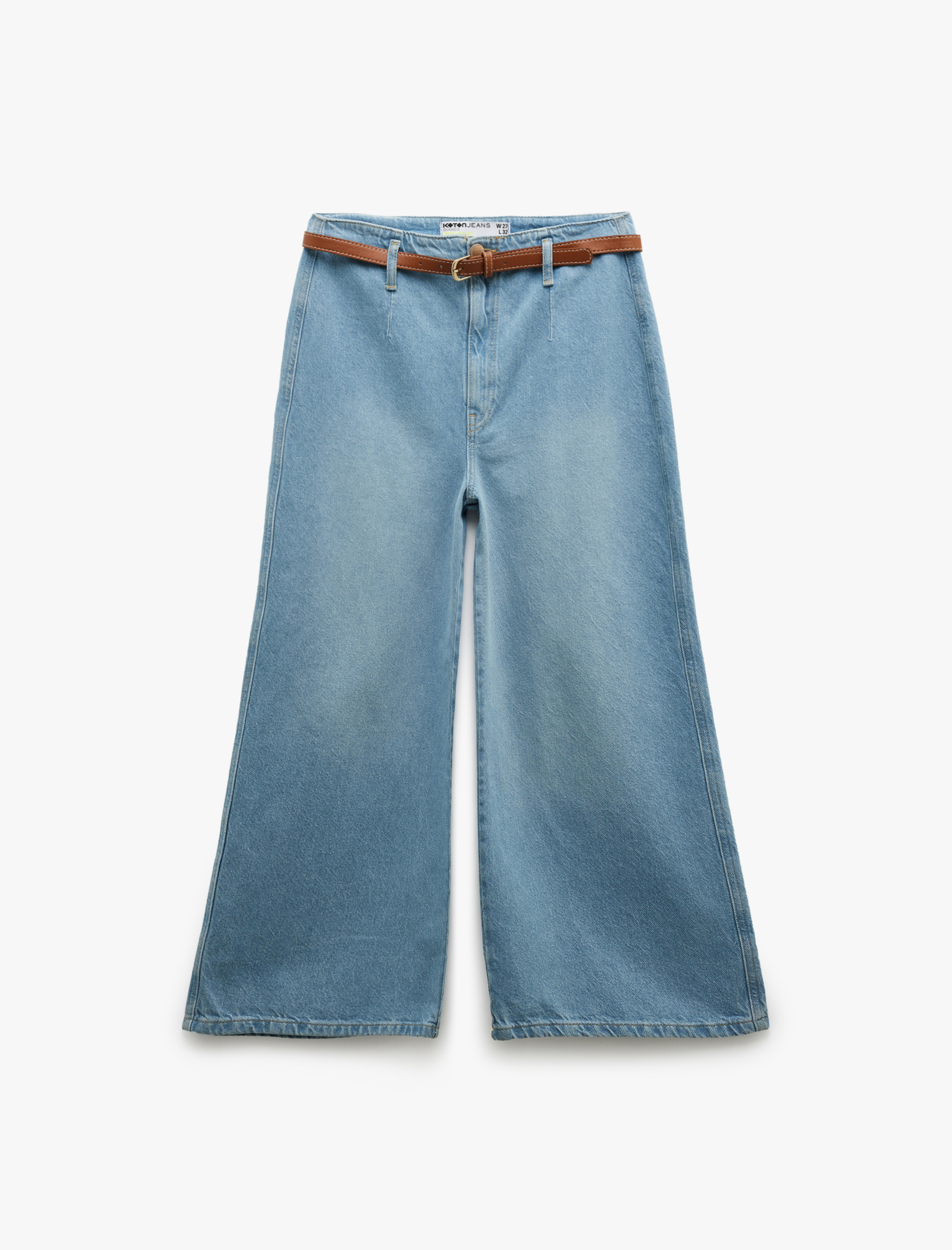   Crop Geniş Paça Düğmeli Kemer Detaylı Jean Pantolon - Wide Leg Jeans