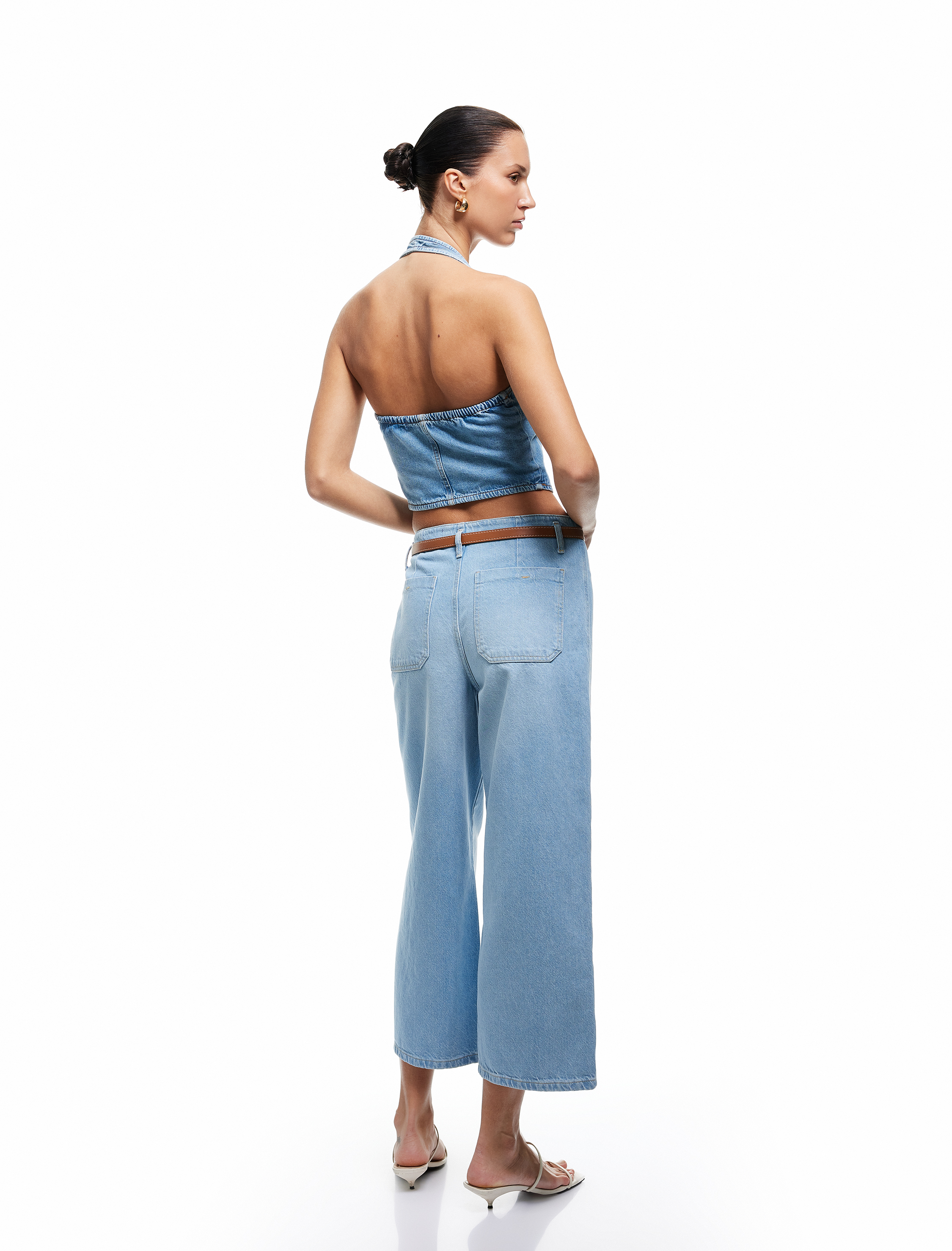   Crop Geniş Paça Düğmeli Kemer Detaylı Jean Pantolon - Wide Leg Jeans