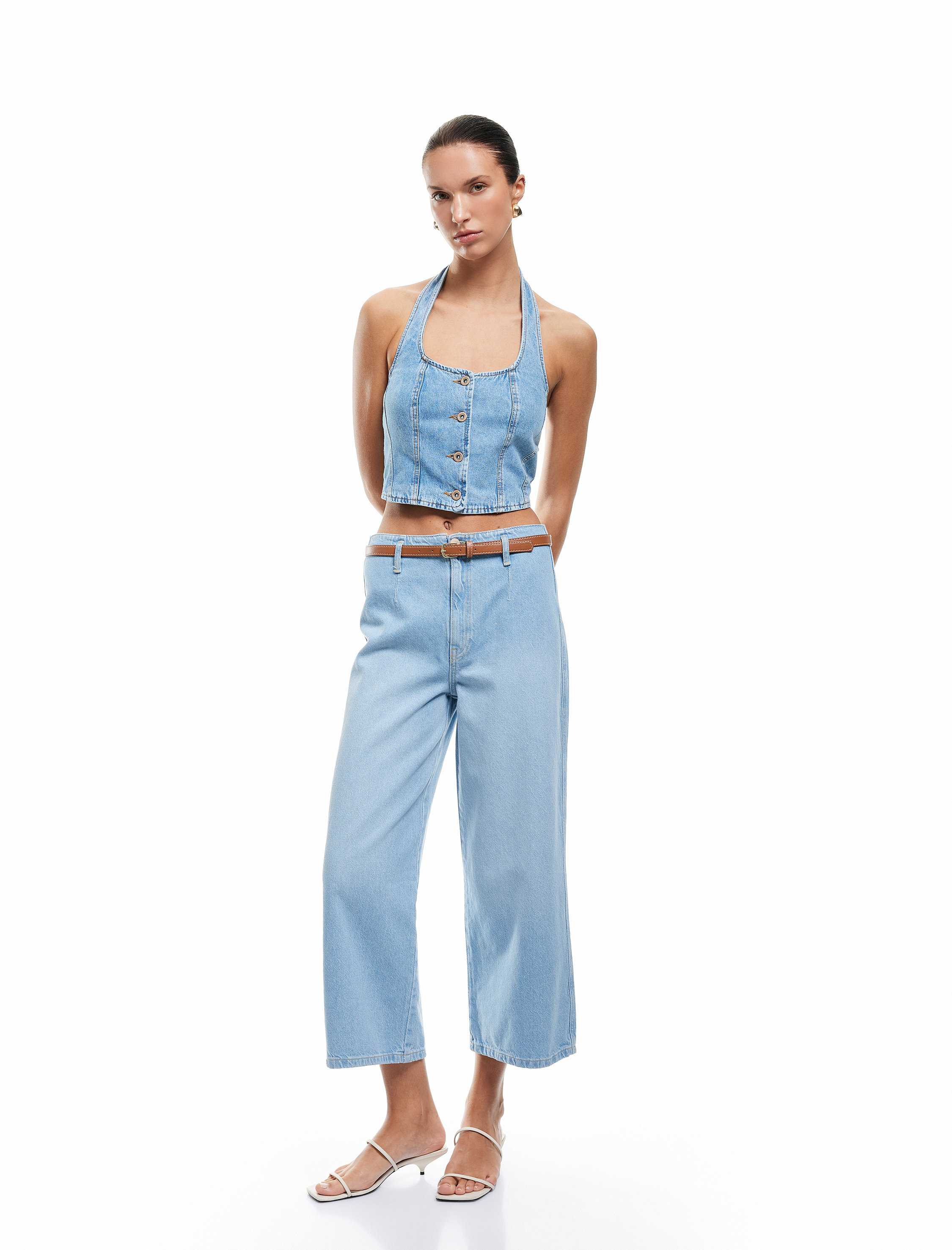   Crop Geniş Paça Düğmeli Kemer Detaylı Jean Pantolon - Wide Leg Jeans