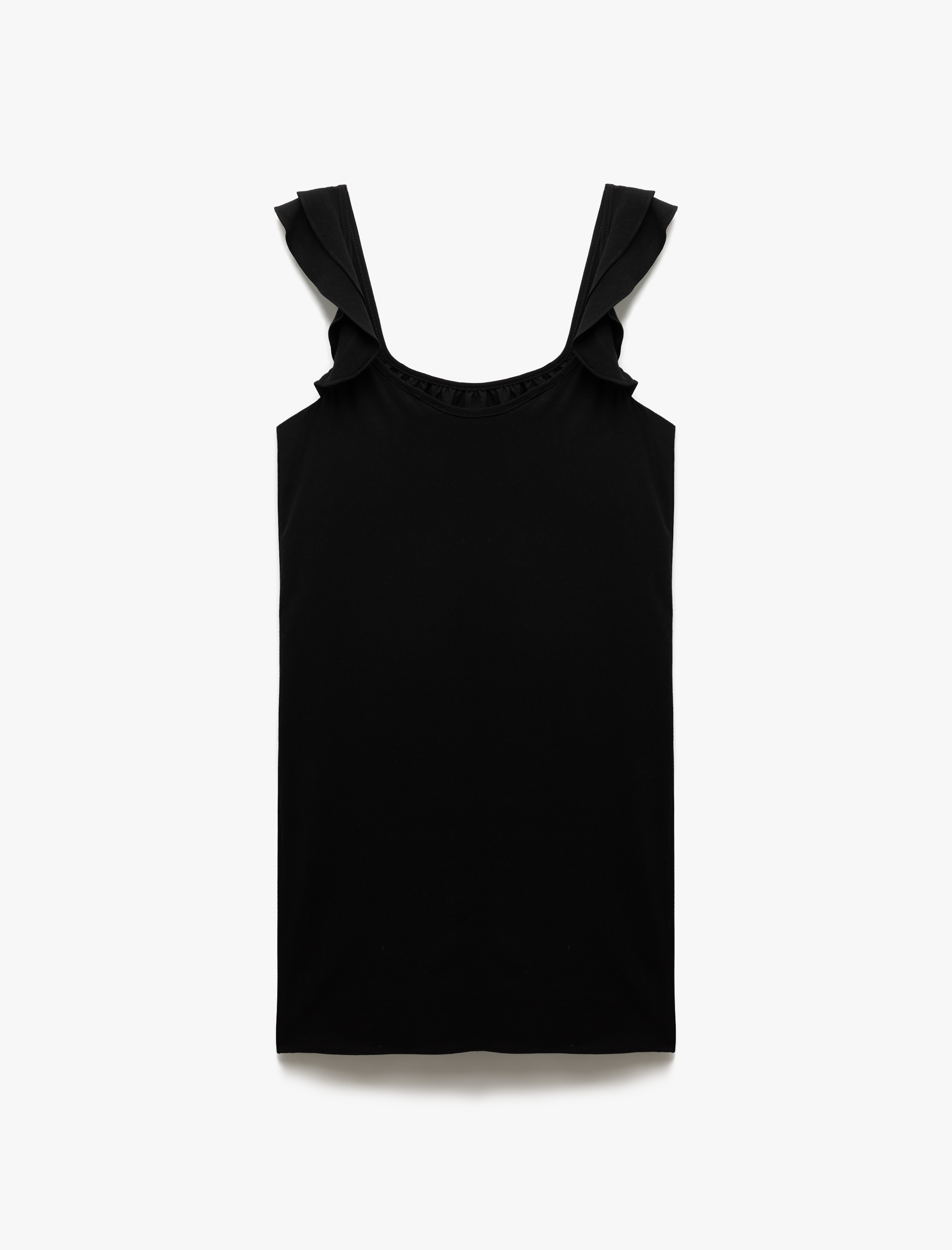 Viskon Keten Karışımlı Kare Yaka Fırfırlı Askılı Mini Elbise