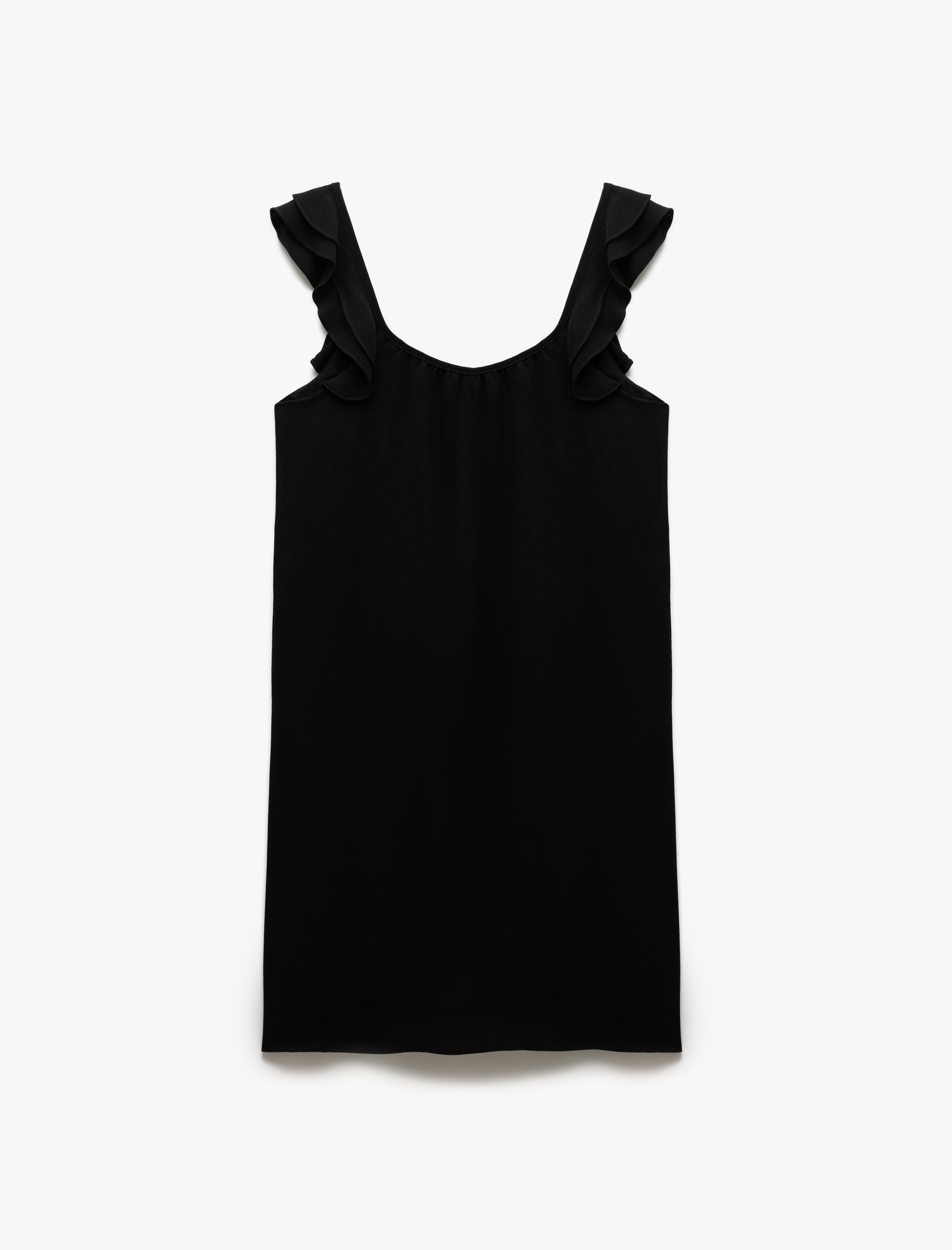 Viskon Keten Karışımlı Kare Yaka Fırfırlı Askılı Mini Elbise