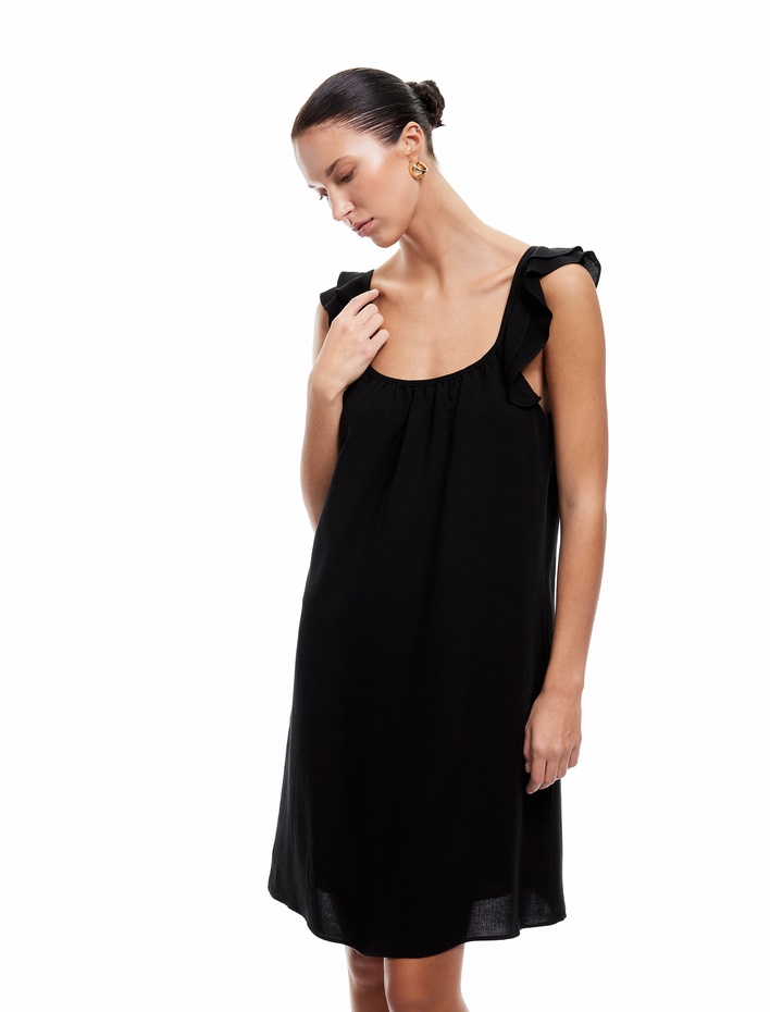  Viskon Keten Karışımlı Kare Yaka Fırfırlı Askılı Mini Elbise