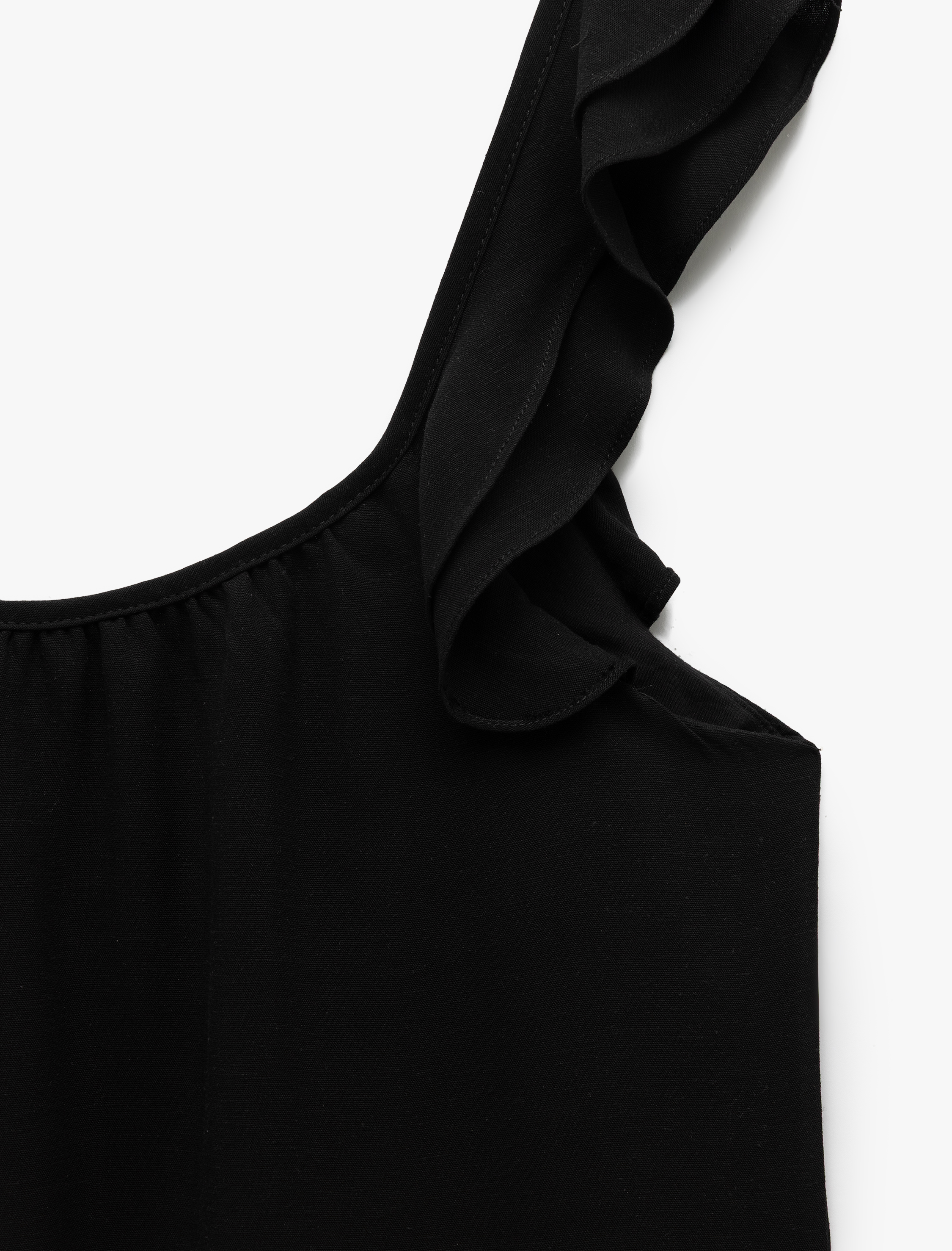 Viskon Keten Karışımlı Kare Yaka Fırfırlı Askılı Mini Elbise