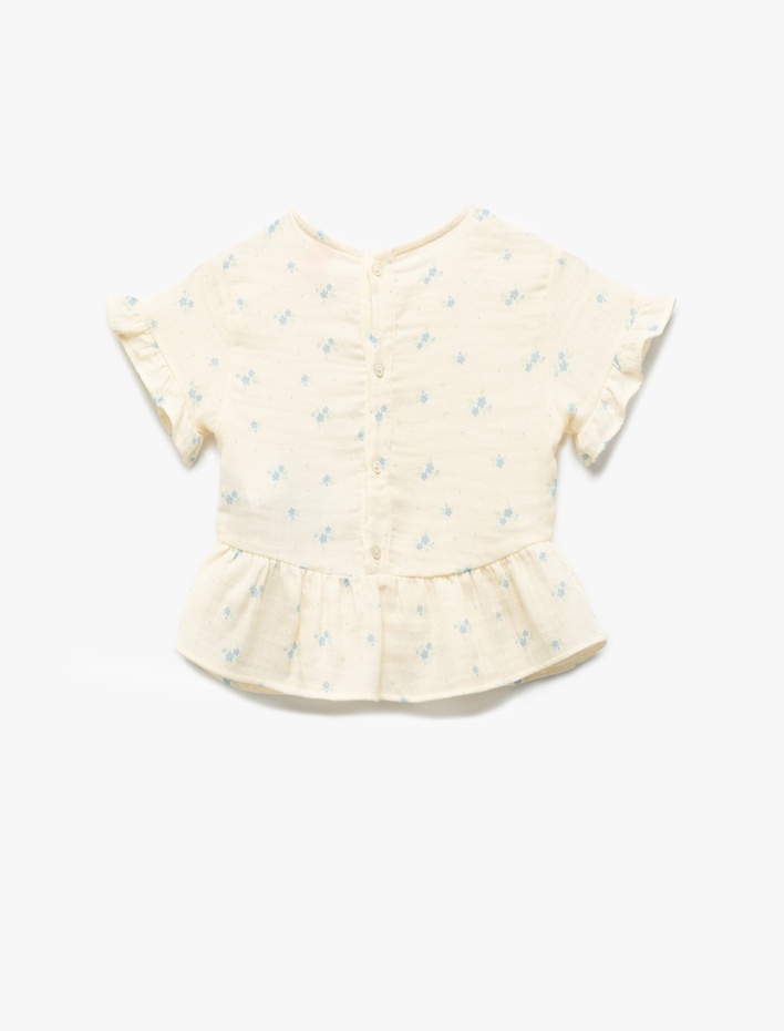 Kız Bebek Fırfır Detaylı Kısa Kollu Bisiklet Yaka Pamuklu Çiçekli Bluz