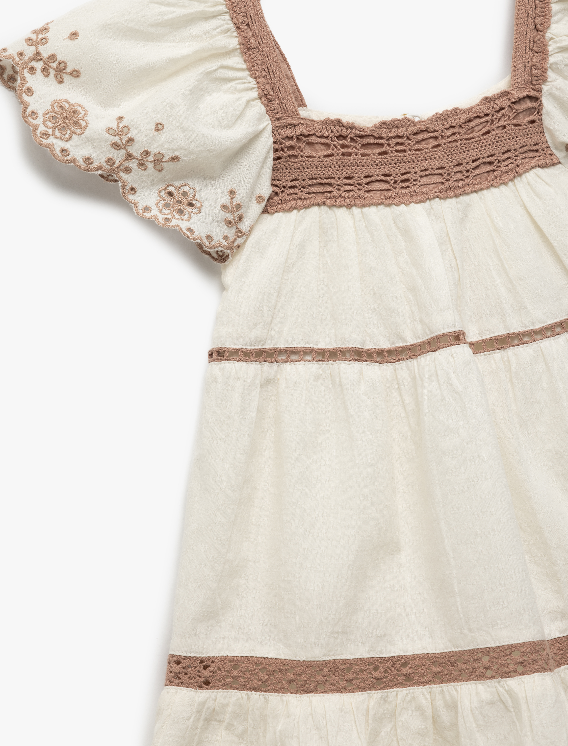  Kız Bebek Pamuklu Kare Yaka Kısa Kollu Brodeli İşlemeli Elbise