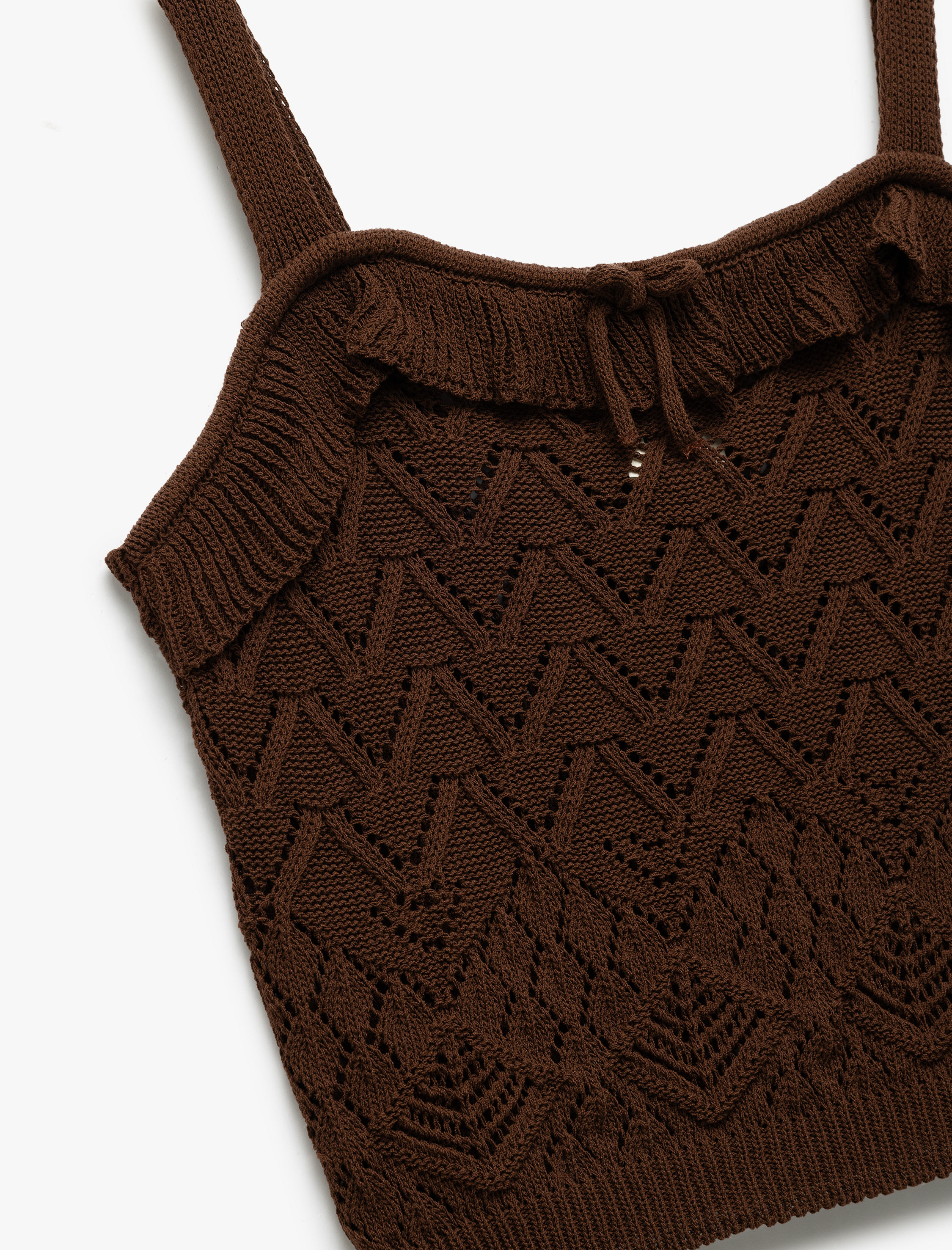  Kız Çocuk Ajurlu Kare Yaka Fırfır Detaylı Fiyonklu Crop Triko Atlet