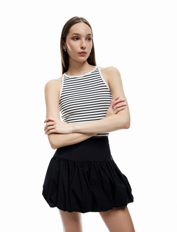  Kolsuz Bisiklet Yaka Çizgili Viskon Karışımlı Bluz