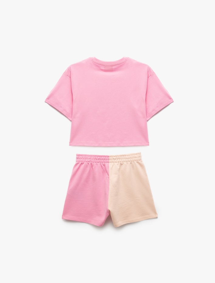 Kız Çocuk Renk Bloklu Kısa Kollu Bisiklet Yaka Pamuklu Şort ve Tişört Seti