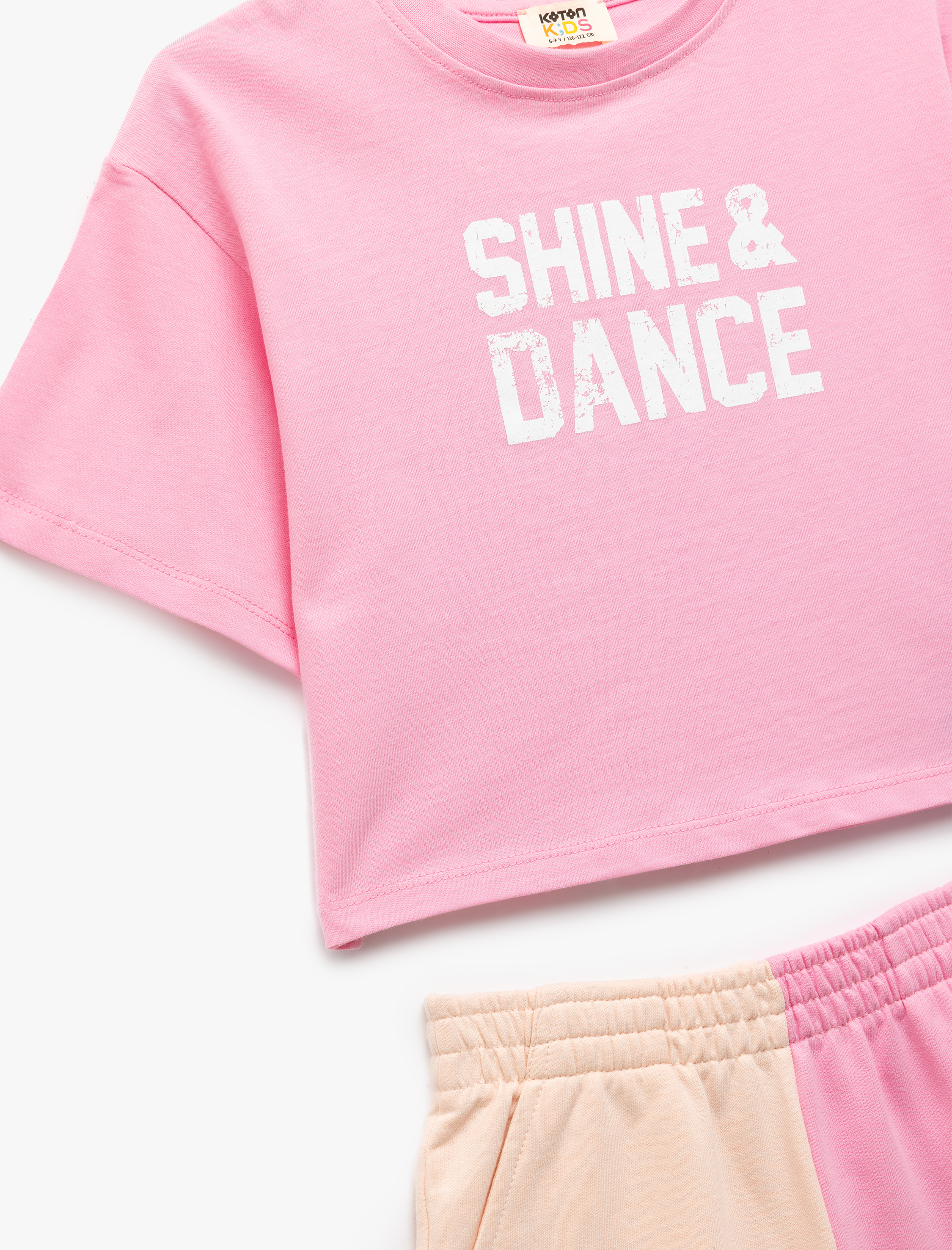  Kız Çocuk Renk Bloklu Kısa Kollu Bisiklet Yaka Pamuklu Şort ve Tişört Seti