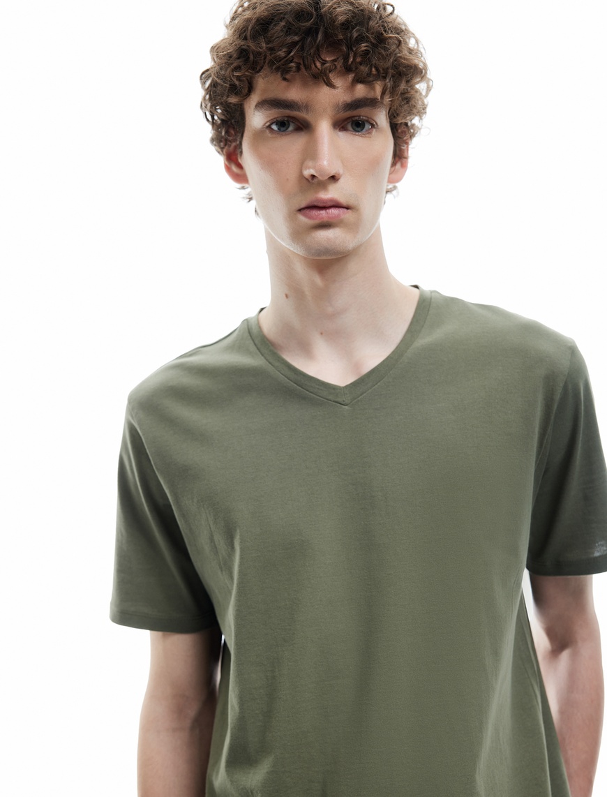   Kısa Kollu V Yaka Pamuklu Basic Erkek Slim Fit Tişört