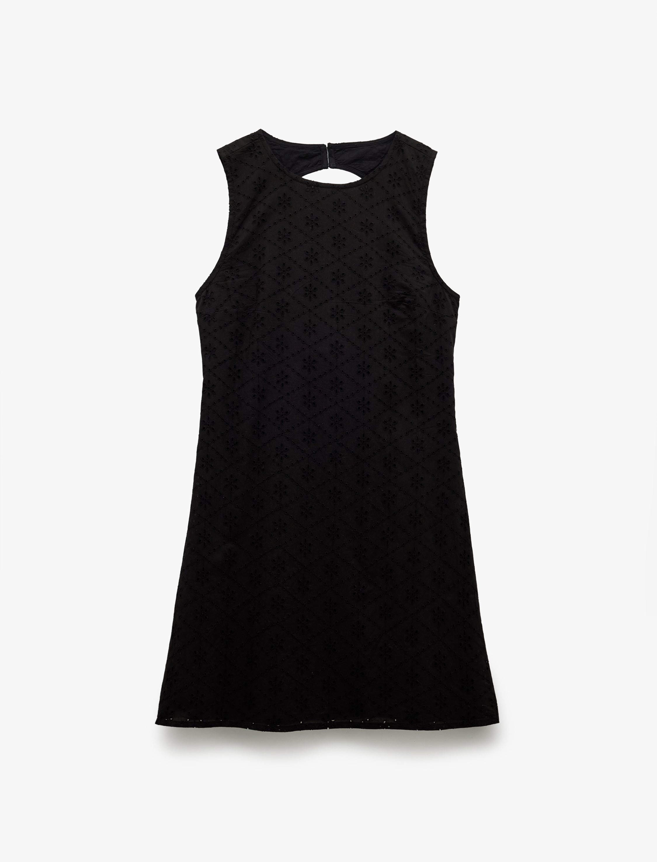   Astarlı Pamuklu Brodeli Fisto Detaylı Kolsuz Bisiklet Yaka Mini Elbise