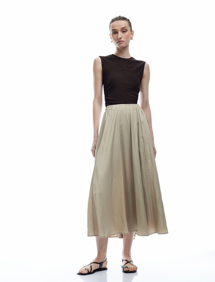  Beli Lastik Detaylı Kloş Pileli Saten Çan Etek