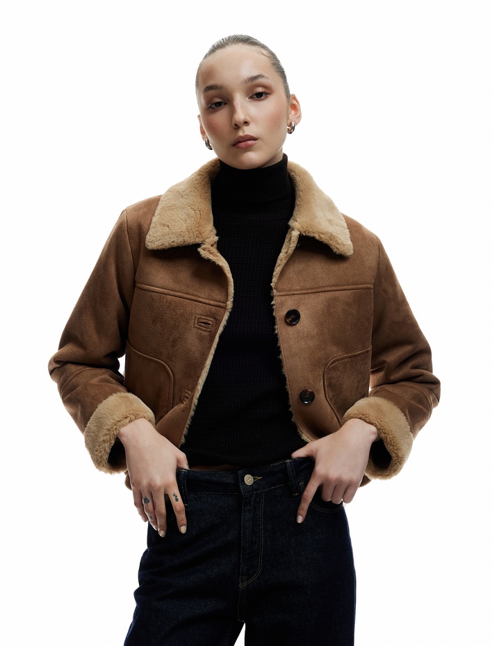  Suni Kürk Yaka Uzun Kollu Düğmeli Süet Görünümlü Ceket