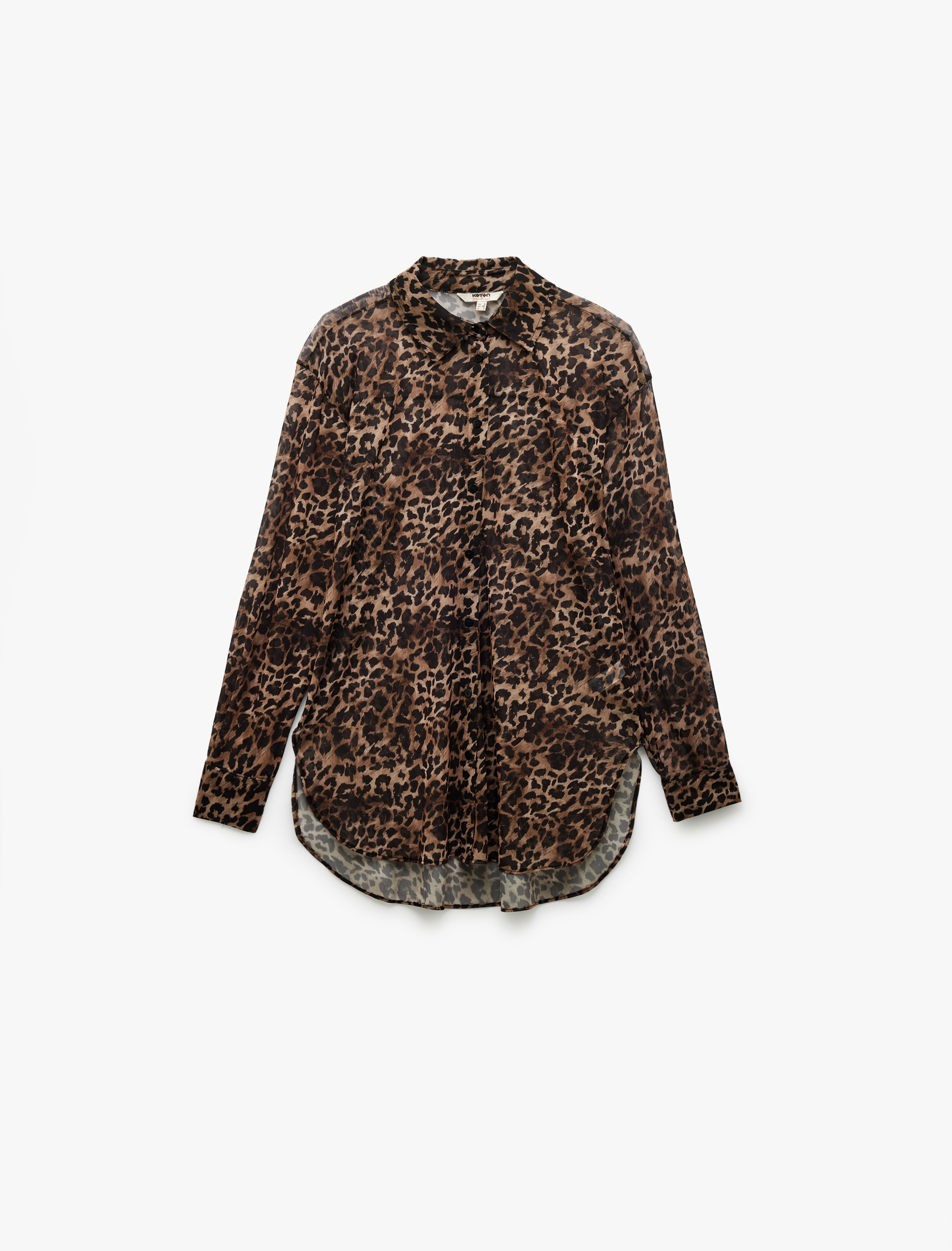   Uzun Kollu Leopar Desenli Şifon Gömlek Plaj Elbisesi