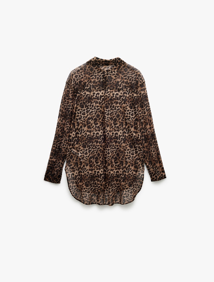  Uzun Kollu Leopar Desenli Şifon Gömlek Plaj Elbisesi