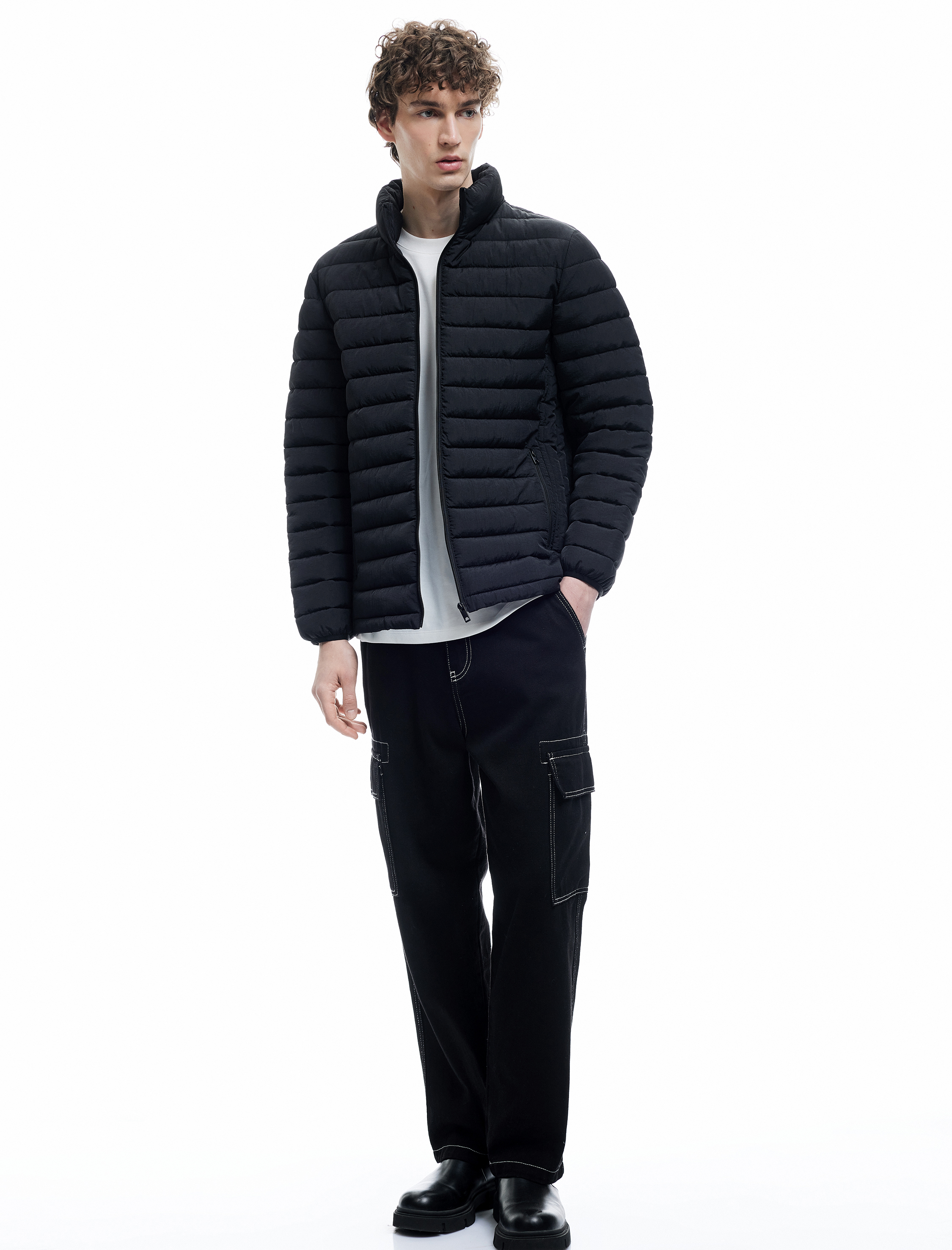 Fermuarlı Cepli Dik Yaka Basic Şişme Mont