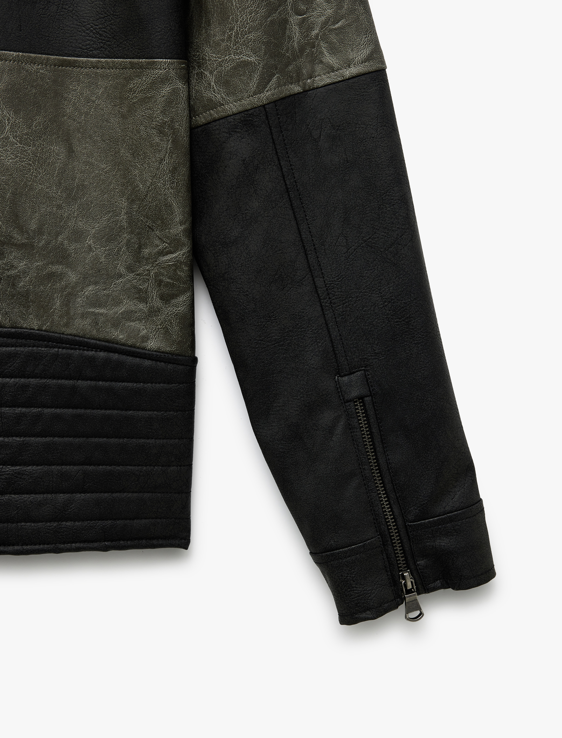   Fermuar Detaylı Cepli Hakim Yaka Uzun Kollu Deri Ceket