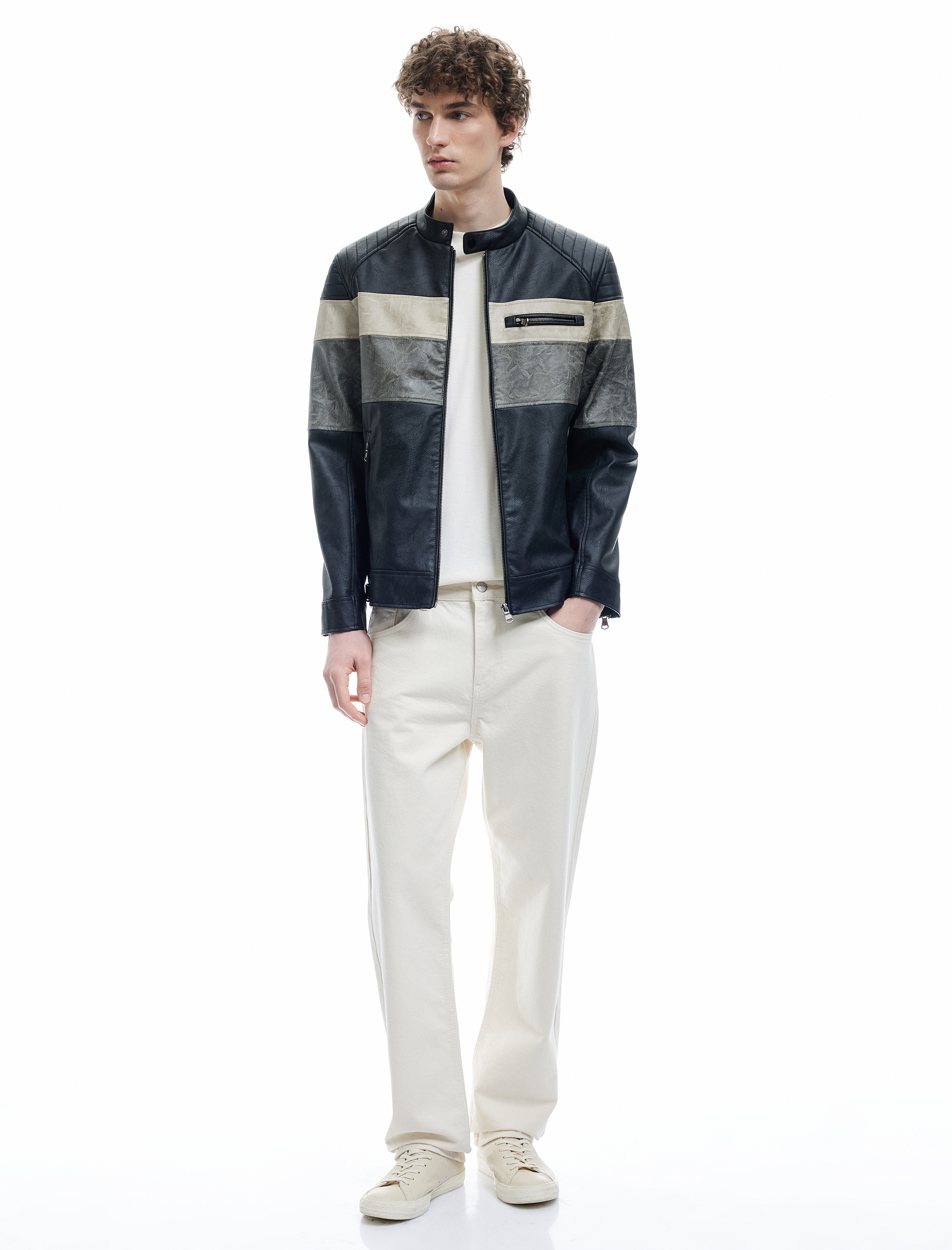   Fermuar Detaylı Cepli Hakim Yaka Uzun Kollu Deri Ceket