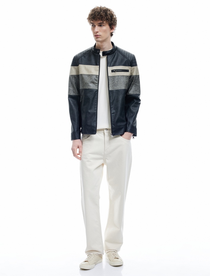  Fermuar Detaylı Cepli Hakim Yaka Uzun Kollu Deri Ceket