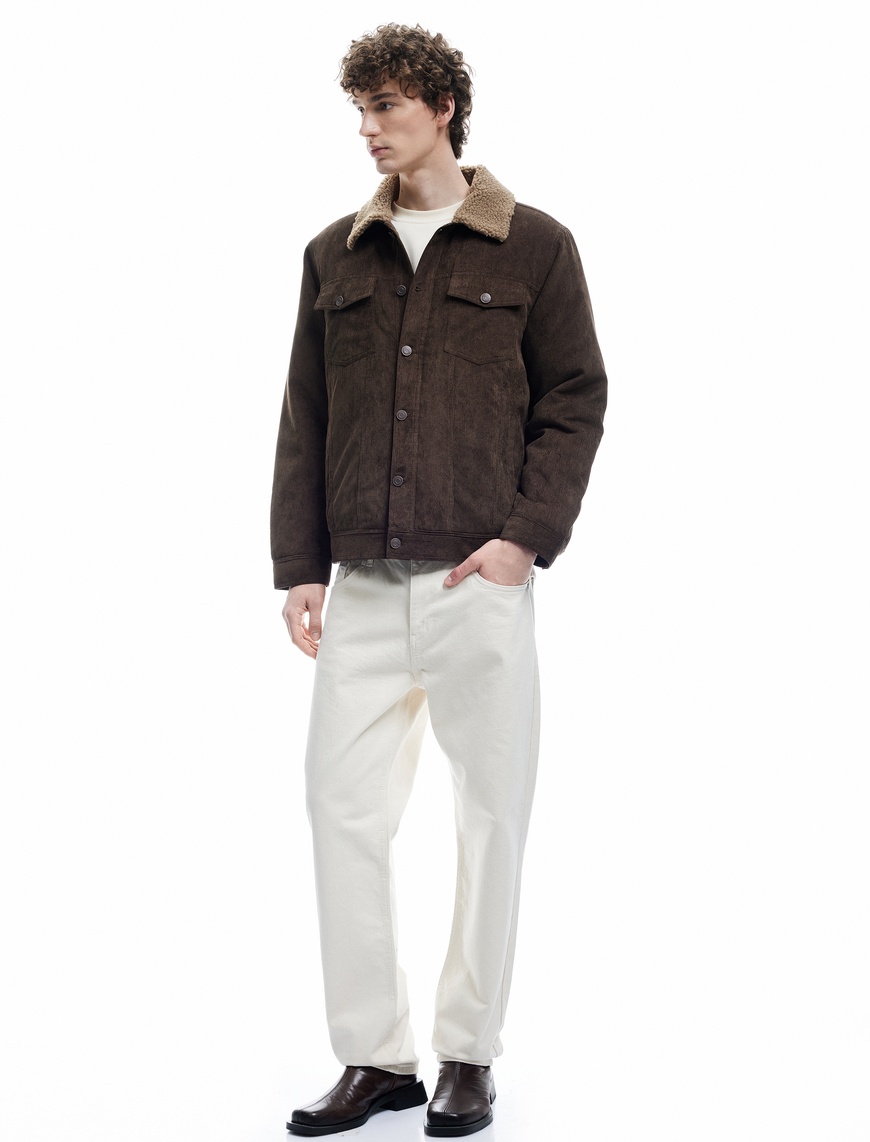   Slim Fit Fitilli Kadife Ceket Peluş Yaka